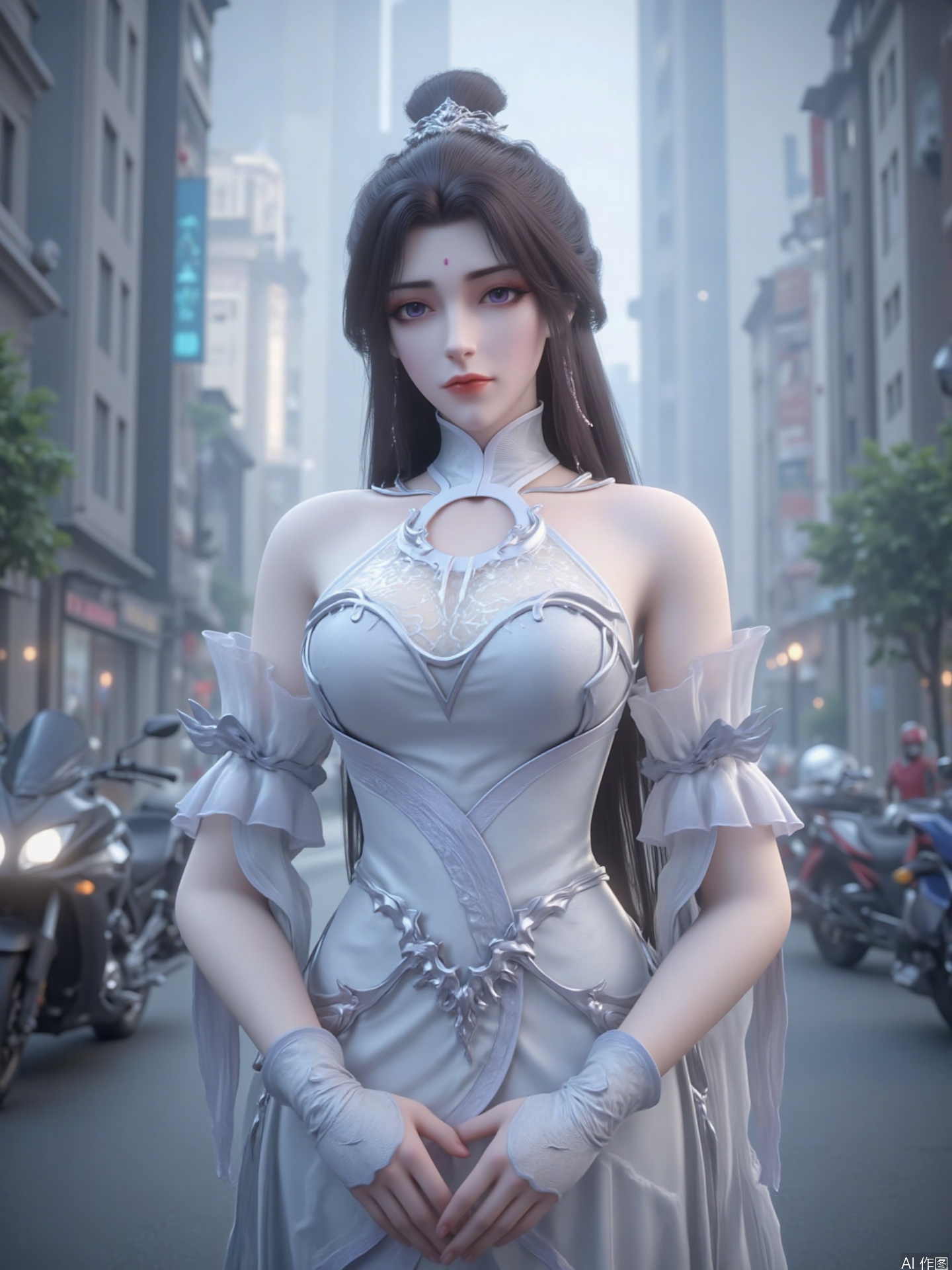 The image depicts a character in beautiful fantasy style clothing. The character wore a close-fitting silver-gray corset adorned with intricate patterns and designs, including floral patterns and geometric shapes. The corset is paired with a sheer white veil draped over the shoulders, and a matching headdress. The character's hair is long and black, elegant in shape, and a small decoration on his forehead The background is the urban environment, with the fuzzy treatment of tall buildings and some green plants embellishments, creating a modern urban atmosphere, combined with the main characters and motorcycles, highlighting the theme of pursuing personality and freedom in the city.
