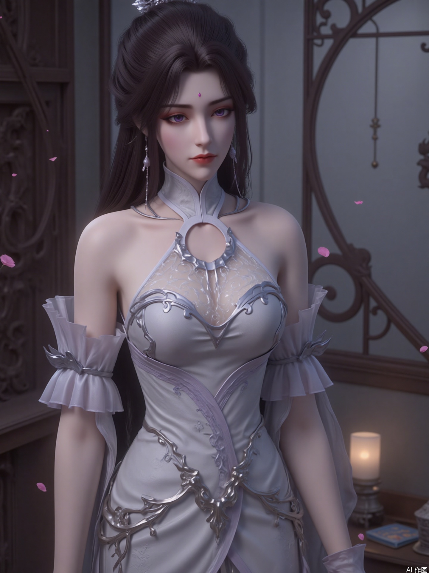 The image depicts a character in an elaborately crafted fantasy-style costume. The character wore a close-fitting silver-gray corset adorned with intricate patterns and designs, including floral patterns and geometric shapes. The corset is paired with a sheer white veil draped over the shoulders, and a matching headdress. The character's hair is long and black, with elegant hairstyles and a small decoration on his forehead. The background is an interior scene with retro-style wooden furniture and decorations, a desk lamp is placed on the small table next to it and exquisitely carved decorations on the walls. Pink petals are scattered on the ground, adding a touch of romantic atmosphere, contrasting with the overall gorgeous and slightly solemn scene.
