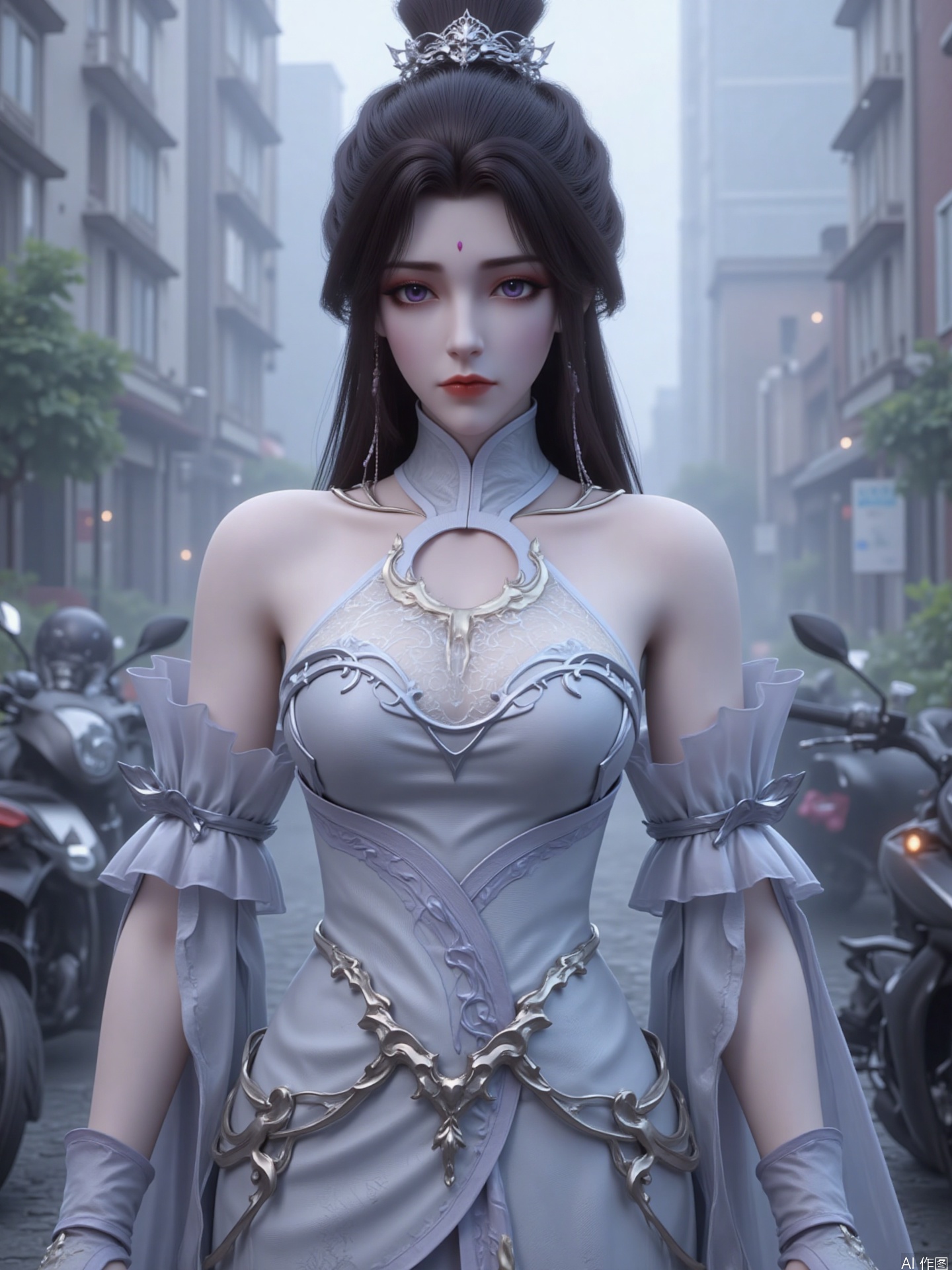 The image depicts a character in beautiful fantasy style clothing. The character wore a close-fitting silver-gray corset adorned with intricate patterns and designs, including floral patterns and geometric shapes. The corset is paired with a sheer white veil draped over the shoulders, and a matching headdress. The character's hair is long and black, elegant in shape, and a small decoration on his forehead

The background is the urban environment, with the fuzzy treatment of tall buildings and some green plants embellishments, creating a modern urban atmosphere, combined with the main characters and motorcycles, highlighting the theme of pursuing personality and freedom in the city.