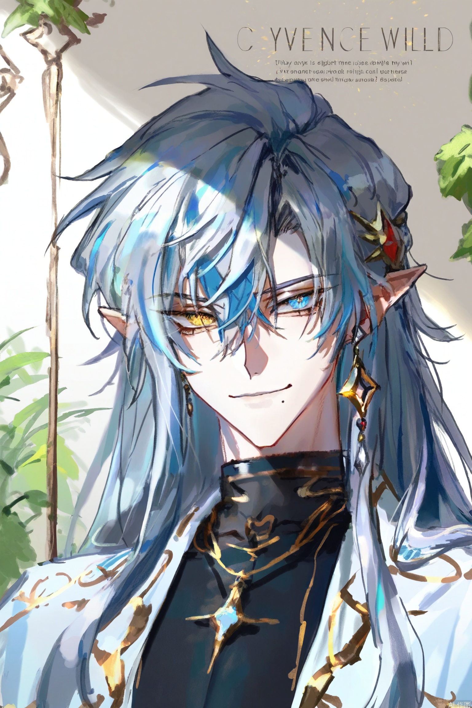 1boy, male focus, solo, long hair, yellow eyes, heterochromia, pointy ears, jewelry, grey hair, looking at viewer, earrings, smile, hair ornament, bishounen, blue eyes, white background, upper body, mole, black shirt, english text, shirt, closed mouth
(artist:quasarcake:0.8),extreme aesthetic,(wlop:0.6),