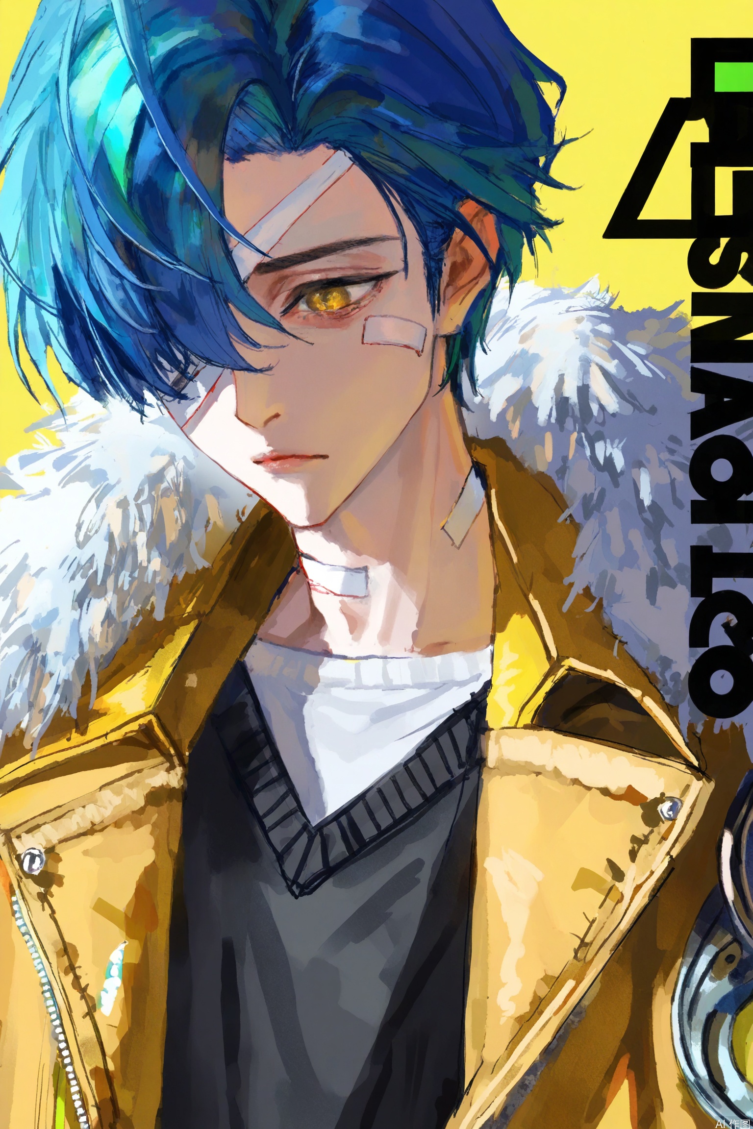, black shirt, english text, shirt, closed mouth
(artist:quasarcake:0.8),extreme aesthetic,(wlop:0.6),
Solo, blue hair, short hair, yellow eyes, yellow background, looking at the audience, jacket, simple background, white shirt, shirt, hair on one eye, separate lips, fur decoration, coat, 1 boy, long sleeves, sweater, bandage