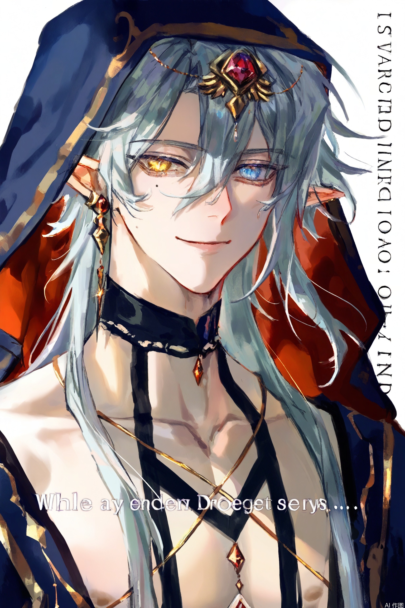 1boy, male focus, solo, long hair, yellow eyes, heterochromia, pointy ears, jewelry, grey hair, looking at viewer, earrings, smile, hair ornament, bishounen, blue eyes, white background, upper body, mole, black shirt, english text, shirt, closed mouth,No watermark, no text.
(artist:quasarcake:0.8),extreme aesthetic,(wlop:0.6),