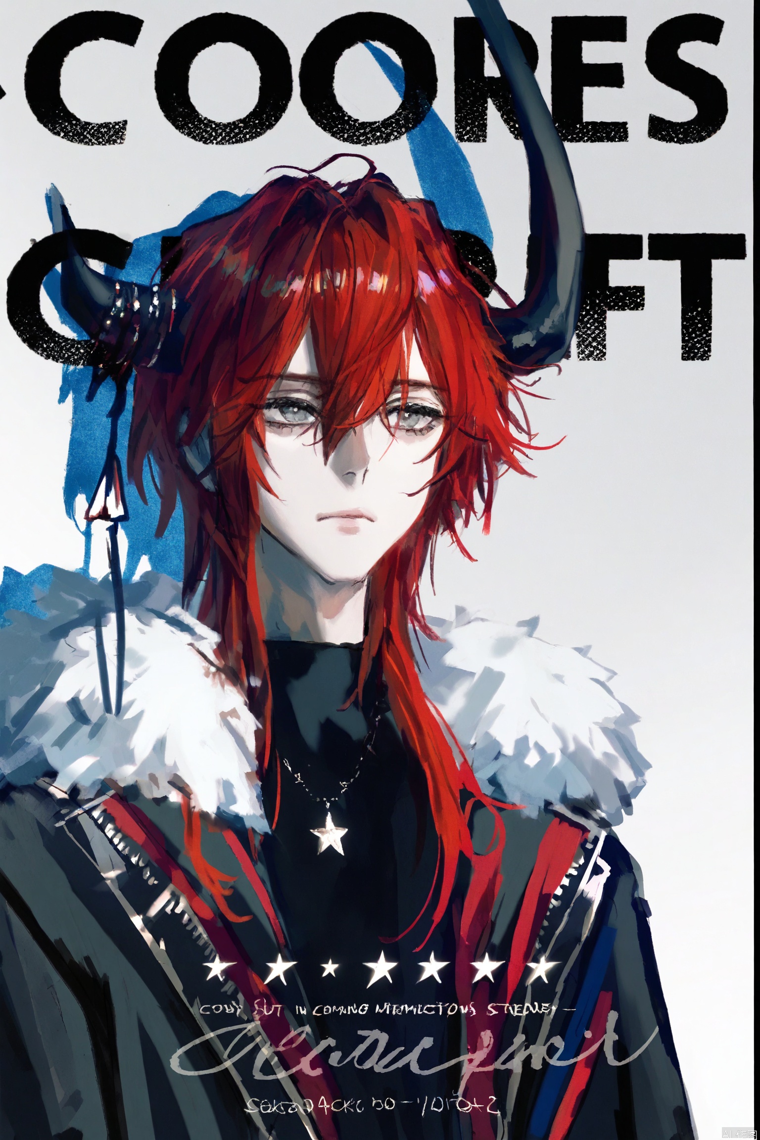 , black shirt, english text, shirt, closed mouth
(artist:quasarcake:0.8),extreme aesthetic,(wlop:0.6), 1 boy, male focus, red hair, solo, corner, look at the audience, shut up, fur trimming, shirt, hair between the eyes, black shirt, gray eyes, white background, star\(symbol\), black horn, jacket