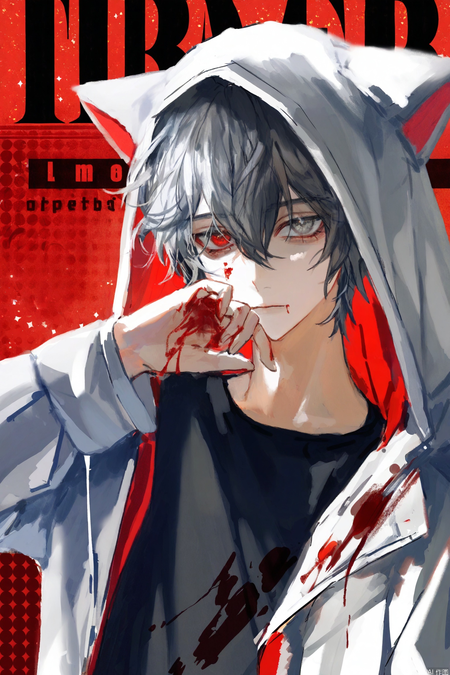 , black shirt, english text, shirt, closed mouth
(artist:quasarcake:0.8),extreme aesthetic,(wlop:0.6),
1boy, male focus, solo, blood, heterochromia, blood on face, blood on clothes, hood, grey hair, short hair, animal hood, looking at viewer, blood on hands, red eyes, red background, hoodie, grey eyes, long sleeves, cat hood