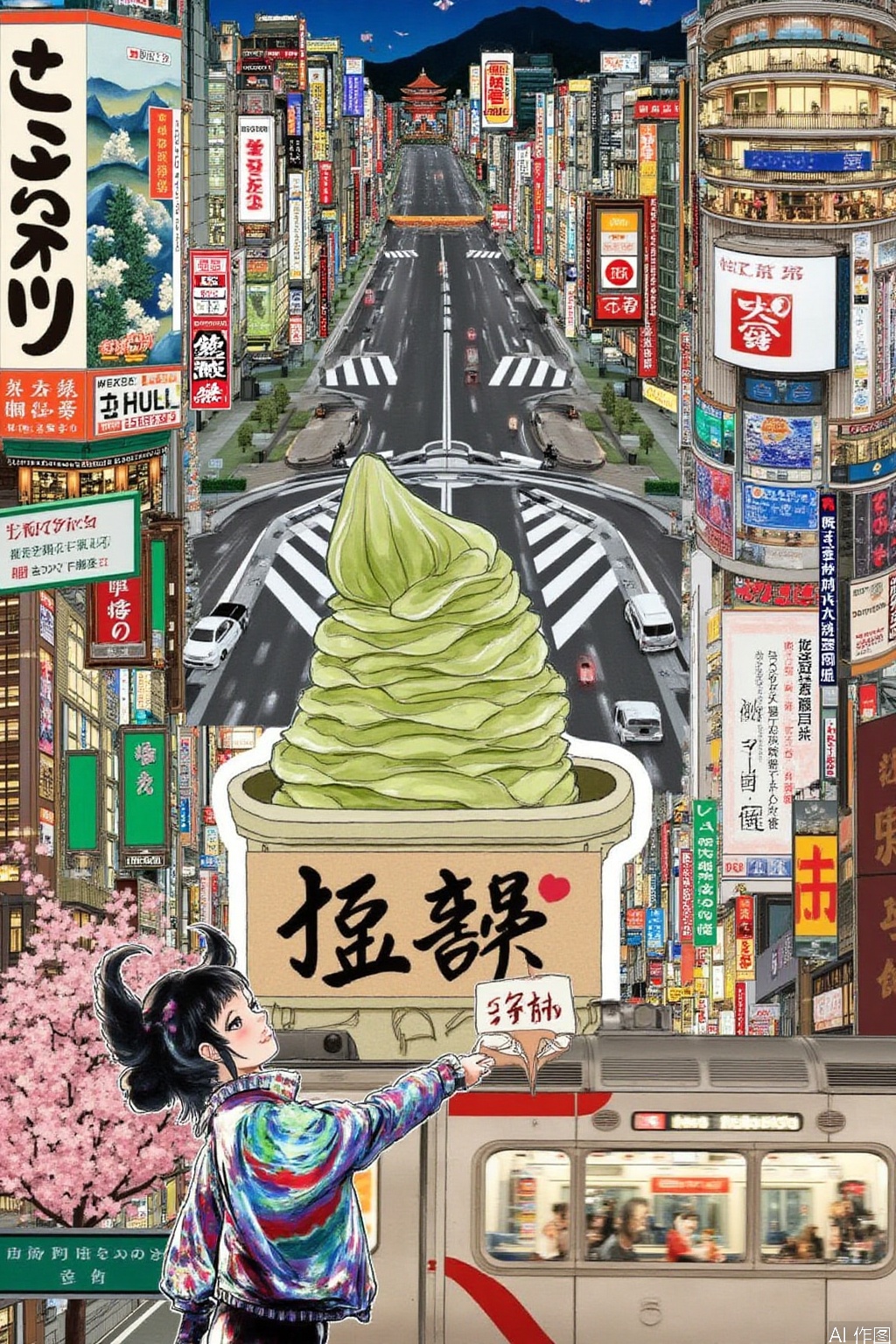 City Travel Puzzle

Tokyo's Shibuya intersection is suspended over ukiyo-e waves, with a pixelated statue of Hachikō topped by a miniature Asakusa Temple lantern. A cluster of Shinjuku skyscrapers is deconstructed into an origami structure, interspersed with (1) a flowing neon kanji Izakaya sign (2) melting matcha ice cream transforming into the silhouette of Mt. Fuji (3) a subway Ginza Line car weaving through a rain of cherry blossoms, with a Harajuku-inspired teenage girl's radium jacket reflecting from the car window. A mechanical cat holds up a Shibuya 109 building-shaped sign box, in which a washi paper sign reading “おもてなし” falls.”