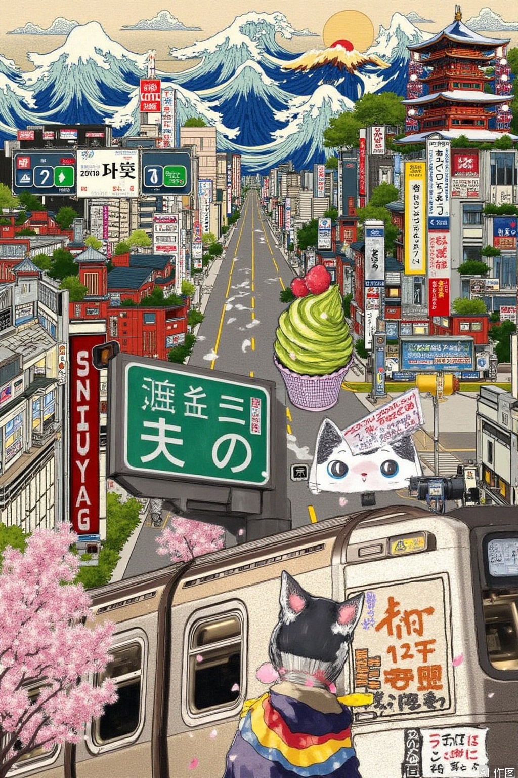 City Travel Puzzle

Tokyo's Shibuya intersection is suspended over ukiyo-e waves, with a pixelated statue of Hachikō topped by a miniature Asakusa Temple lantern. A cluster of Shinjuku skyscrapers is deconstructed into an origami structure, interspersed with (1) a flowing neon kanji Izakaya sign (2) melting matcha ice cream transforming into the silhouette of Mt. Fuji (3) a subway Ginza Line car weaving through a rain of cherry blossoms, with a Harajuku-inspired teenage girl's radium jacket reflecting from the car window. A mechanical cat holds up a Shibuya 109 building-shaped sign box, in which a washi paper sign reading “おもてなし” falls.”