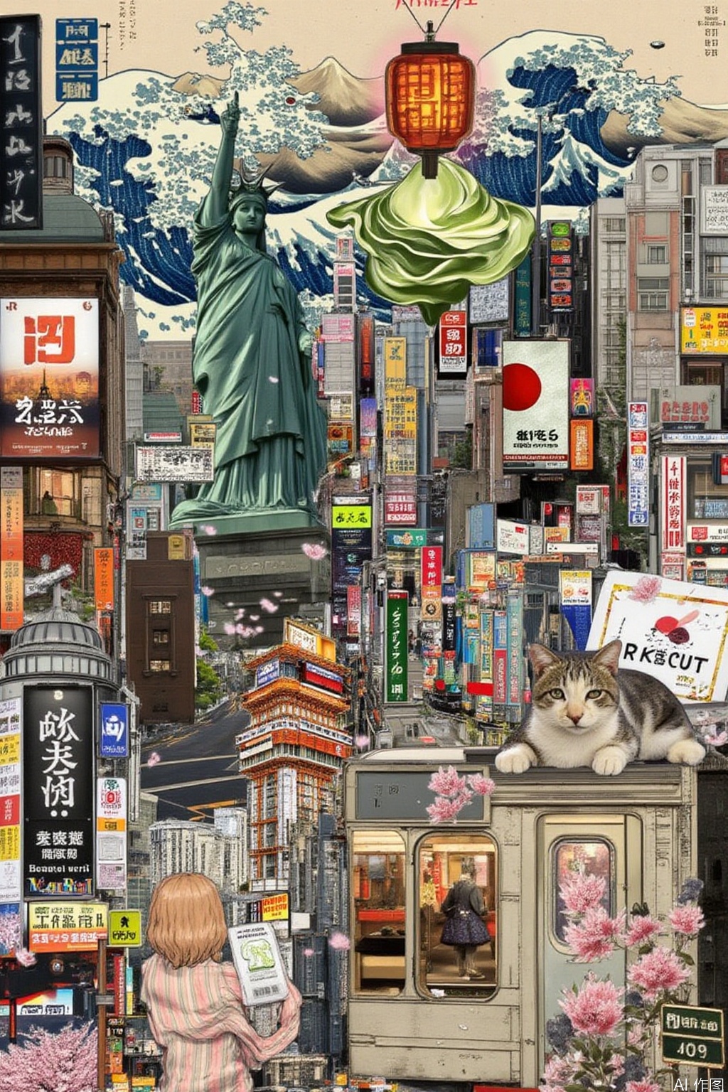 City Travel Puzzle

Tokyo's Shibuya intersection is suspended over ukiyo-e waves, with a pixelated statue of Hachikō topped by a miniature Asakusa Temple lantern. A cluster of Shinjuku skyscrapers is deconstructed into an origami structure, interspersed with (1) a flowing neon kanji Izakaya sign (2) melting matcha ice cream transforming into the silhouette of Mt. Fuji (3) a subway Ginza Line car weaving through a rain of cherry blossoms, with a Harajuku-inspired teenage girl's radium jacket reflecting from the car window. A mechanical cat holds up a Shibuya 109 building-shaped sign box, in which a washi paper sign reading “おもてなし” falls.”