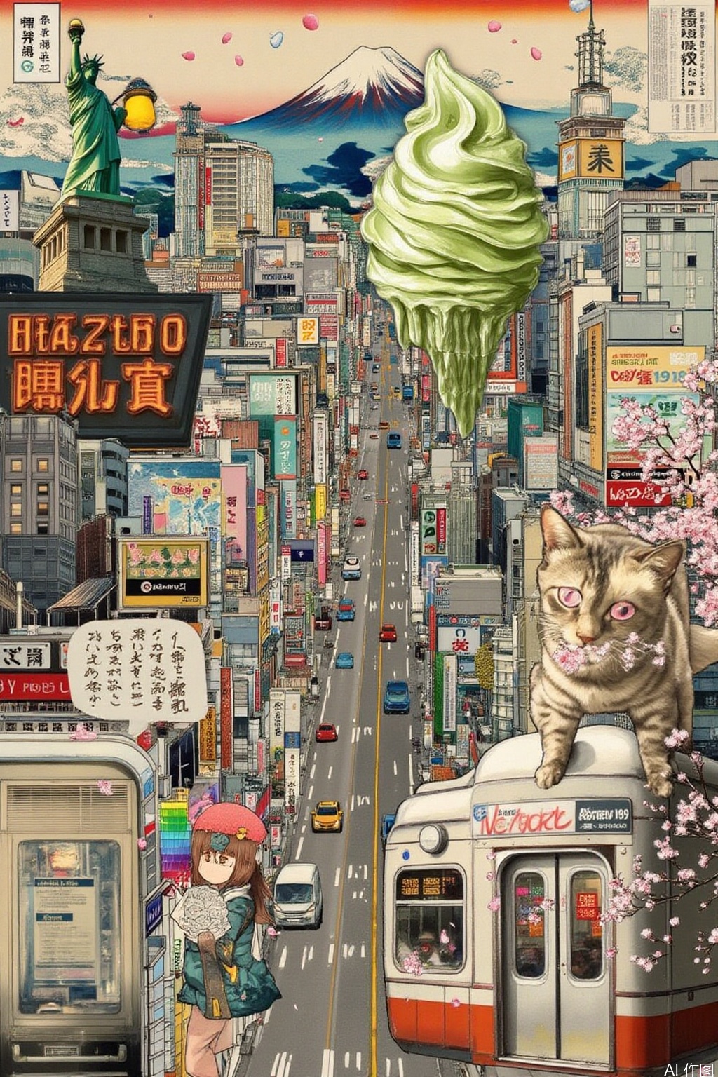 City Travel Puzzle

Tokyo's Shibuya intersection is suspended over ukiyo-e waves, with a pixelated statue of Hachikō topped by a miniature Asakusa Temple lantern. A cluster of Shinjuku skyscrapers is deconstructed into an origami structure, interspersed with (1) a flowing neon kanji Izakaya sign (2) melting matcha ice cream transforming into the silhouette of Mt. Fuji (3) a subway Ginza Line car weaving through a rain of cherry blossoms, with a Harajuku-inspired teenage girl's radium jacket reflecting from the car window. A mechanical cat holds up a Shibuya 109 building-shaped sign box, in which a washi paper sign reading “おもてなし” falls.”