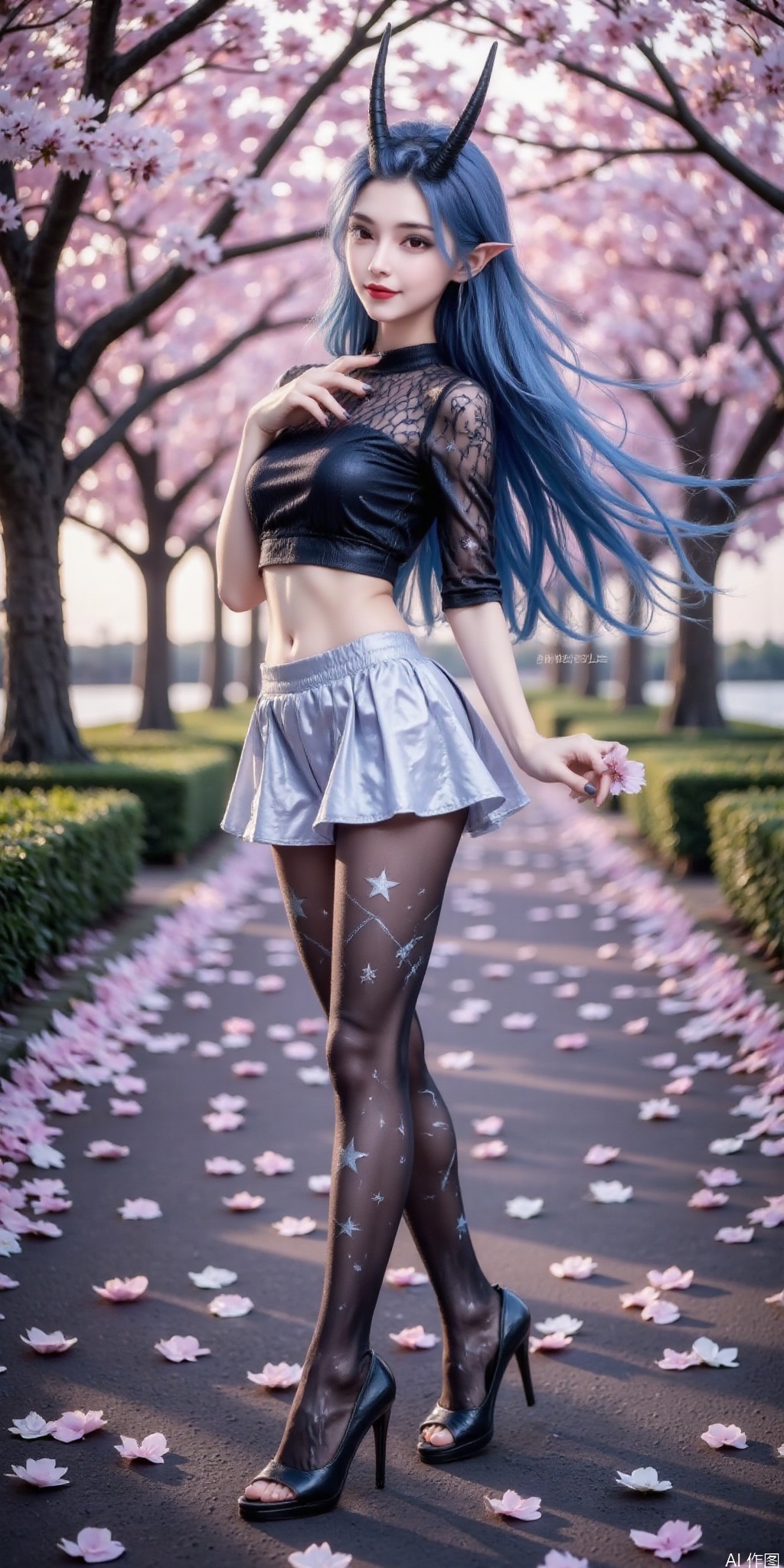 真人肌肤纹理, 4K画质,完美身材,1girl,looking_at_viewer,navel,, high_heel,, argyle legwear,star \(symbol\),super long legs, ,realistic,,pose for picture,Dynamic posture,
The image depicts a serene and picturesque scene with a woman standing in a pathway lined with cherry blossom trees. 
She has long, flowing  hair and is dressed in a flowing Lace short top, short skirt. 
She is holding a flower, and petals are scattered around her feet, enhancing the tranquil atmosphere.
The background consists of softly blurred cherry blossom trees and a pathway that leads into the distance, creating a sense of depth and tranquility.,aorun, blue hair,pointy ears,red eyes,horns