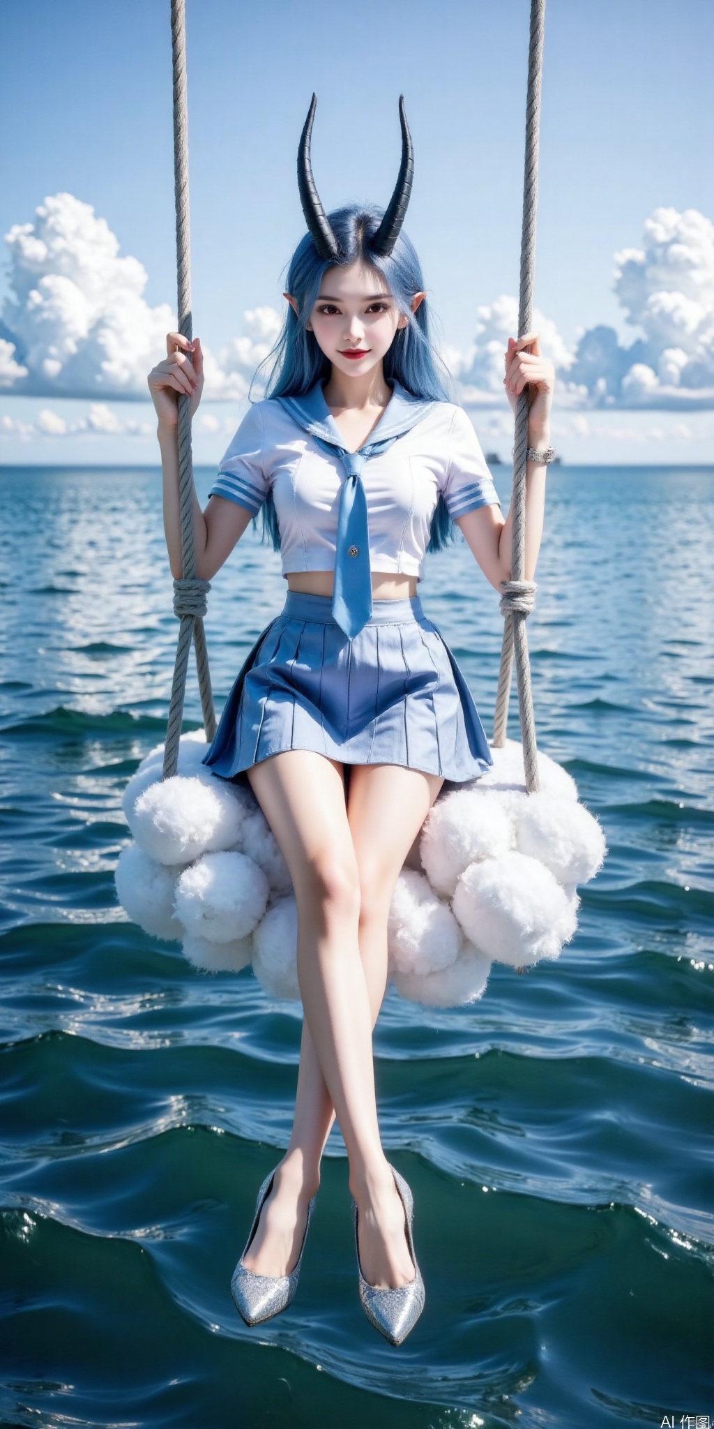 真人肌肤纹理, 4K画质,完美身材,long legs,big_breasts,navel,,Film texture,, film and television, surrealism, a girl with a delicate face is sitting on a cloud swing. The girl is wearing a jk sailor uniform, a white short-sleeved shirt, light blue stripes trimming, a light blue tie, white blue pleated skirt, exquisite diamond-encrusted high heels, swing rope The sub is connected to a cloud in the sky, the background is a vast ocean, the water shows a consistent blue-green tone, the sky is also blue-green, blending with the ocean, perfect light and shadow, hyper-realistic photography, sharpening, artistic conception, Consciousness, large areas of blank space, sense of space, haziness, dreams, fog,aorun, blue hair,pointy ears,red eyes,horns