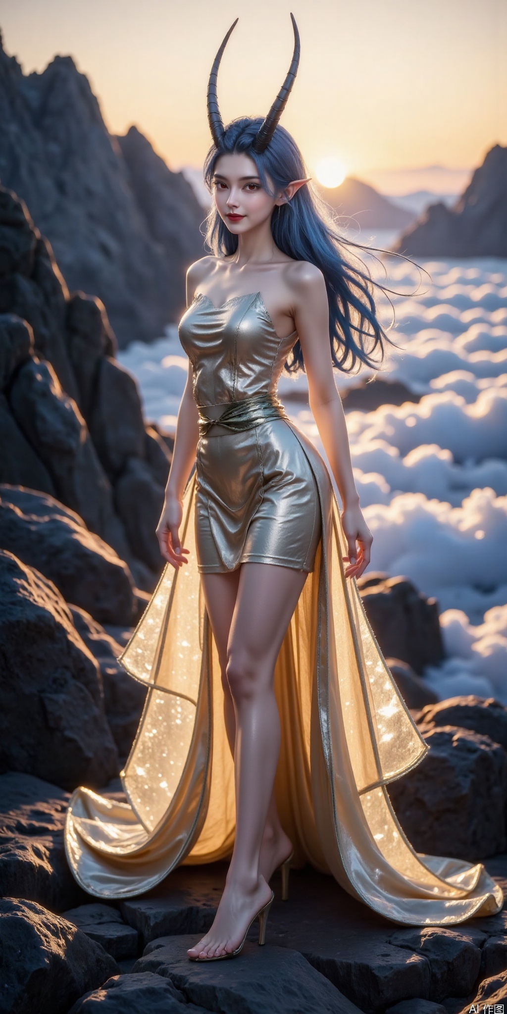 真人肌肤纹理, 4K画质,完美身材,1girl,looking_at_viewer ,super long legs, ,realistic,,pose for picture,Dynamic posture,peafect body. ,,
The image depicts a serene and ethereal scene with a woman standing on a rocky outcrop. 
She is wearing a flowing, golden gown that seems to be made of light, giving her an otherworldly appearance.
Her long, wavy hair is illuminated by the warm, golden light of the setting sun, which casts a soft glow over the landscape. 
The background features a breathtaking view of a mountain range with a sea of clouds below, 
creating a sense of depth and tranquility.
The sky is painted with hues of orange and yellow, enhancing the magical and mystical atmosphere of the scene.,aorun, blue hair,pointy ears,red eyes,horns