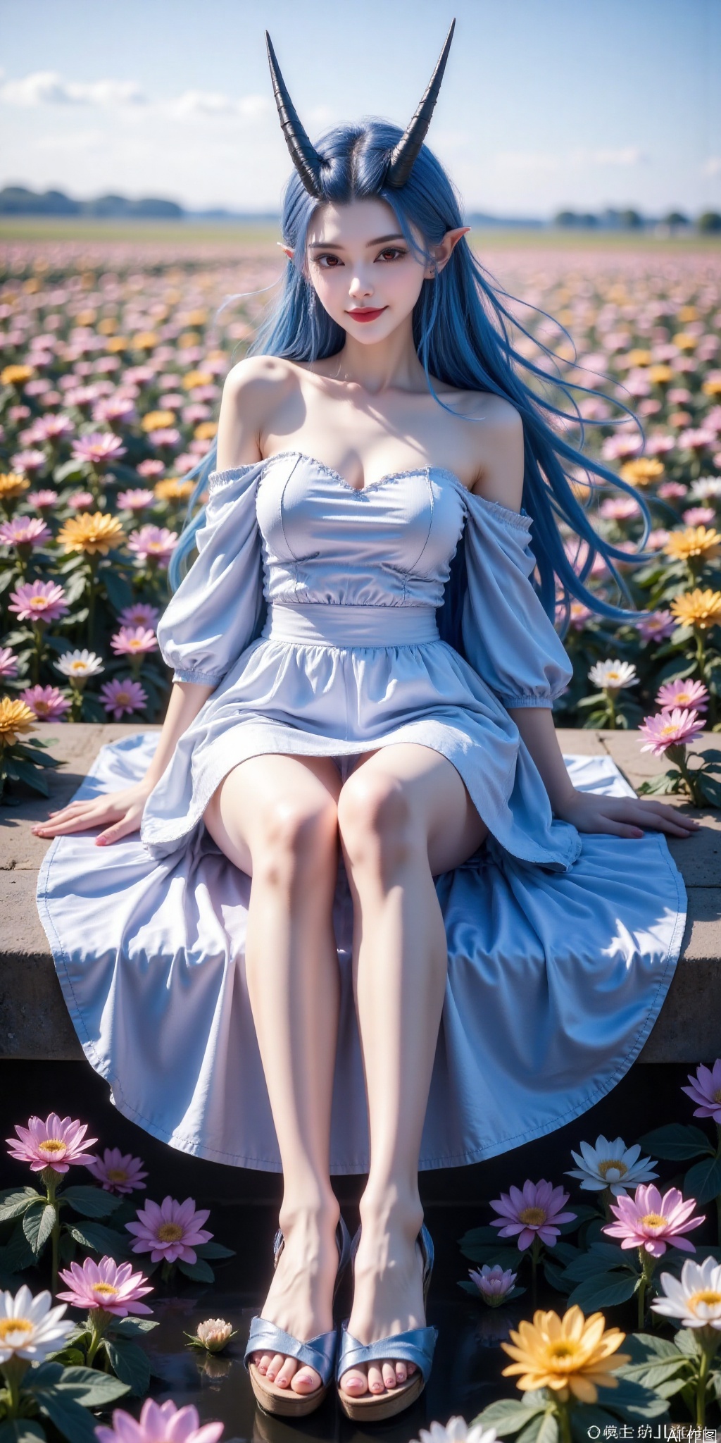 真人肌肤纹理, 4K画质,完美身材,long legs,big_breasts,navel,,(Good structure), DSLR Quality,Depth of field,kind smile,looking_at_viewer,Dynamic pose,, best quality, masterpiece, illustration, (reflection light), incredibly absurdres, ((Movie Poster), (signature:1.3), (English text), 1girl, girl middle of flower, pure sky,clear sky, outside, collarbone, sitting, absurdly long hair, clear boundaries of the cloth, white dress, fantastic scenery, ground of flowers, thousand of flowers, colorful flowers, flowers around her, various flowers,bare shoulders,skirt, sandals,, , blue dress, ,aorun, blue hair,pointy ears,red eyes,horns