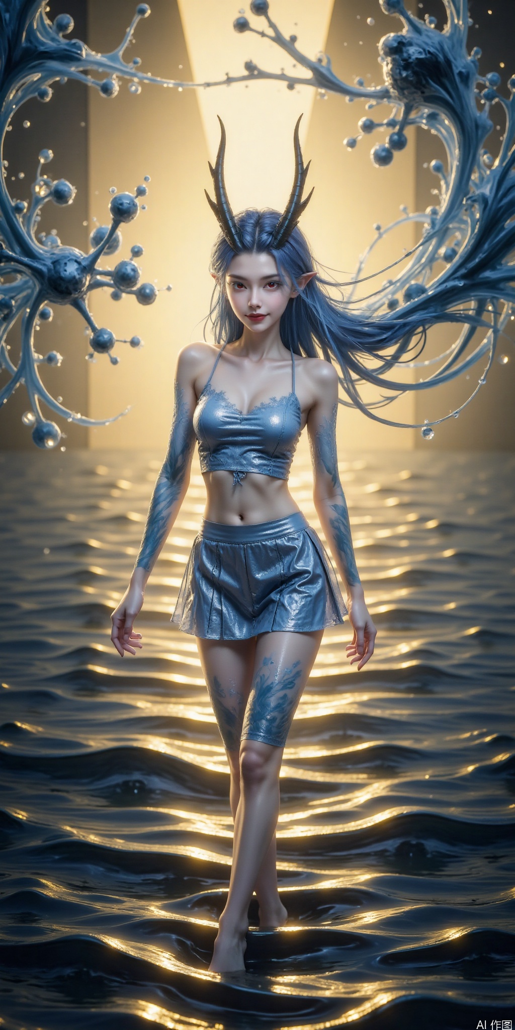 真人肌肤纹理, 4K画质,完美身材,1girl,looking_at_viewer,,,,realistic,Lace short skirt, short top,
,1girl stands amidst a surreal,swirling sea of chemical compounds,its body partially transparent,revealing water molecules. The scene is bathed in an ethereal yellow light,with gusts of wind creating dynamic,flowing patterns in the air and water.,aorun, blue hair,pointy ears,red eyes,horns