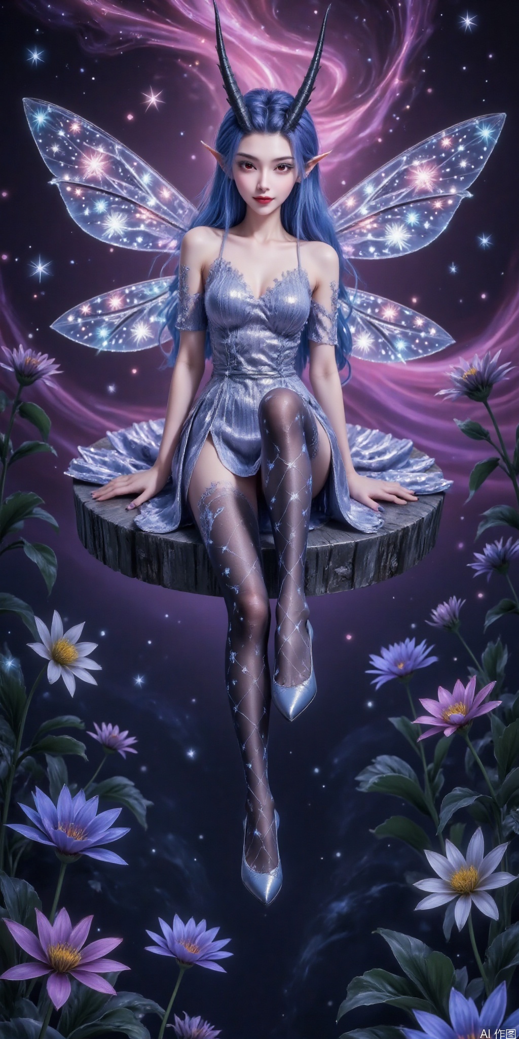 真人肌肤纹理, 4K画质,完美身材,1girl,looking_at_viewer,huge_breasts,,long legs,realistic,A captivating fantasy elf portrait set in a surreal, floating garden in the sky. The elf, with iridescent, translucent wings like those of a dragonfly, sits gracefully on a floating crystal lily pad. Her flowing hair shimmers with every color of the rainbow and cascades down, merging with the floating flora around her. Her eyes are deep pools of starlight, and her delicate, silver gown is adorned with tiny, twinkling constellations. The garden is filled with glowing, bioluminescent flowers and whimsical, hovering orbs of light. The backdrop features a swirling nebula sky with vibrant hues of pink and purple, creating a dreamlike, cosmic atmosphere. The portrait combines elements of ethereal beauty and celestial wonder, blending fantasy with a touch of otherworldly magic.,high_heel,, argyle legwear,star \(symbol\,aorun, blue hair,pointy ears,red eyes,horns