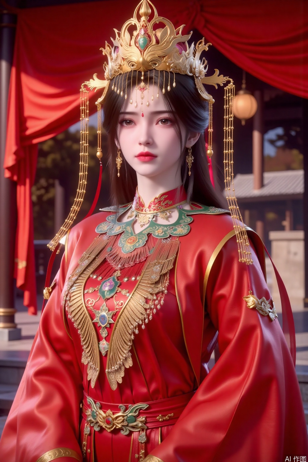 This is a beautiful picture showing a young woman dressed in a magnificent ancient costume. She was dressed in traditional red clothing, adorned with exquisite patterns and embroidery of gold and green, appearing very elegant and noble. She wears a golden headpiece on her head, with a complex design that exudes an extraordinary aura. Red curtains and classical architectural elements can be seen in the background, creating a solemn and elegant overall atmosphere.
