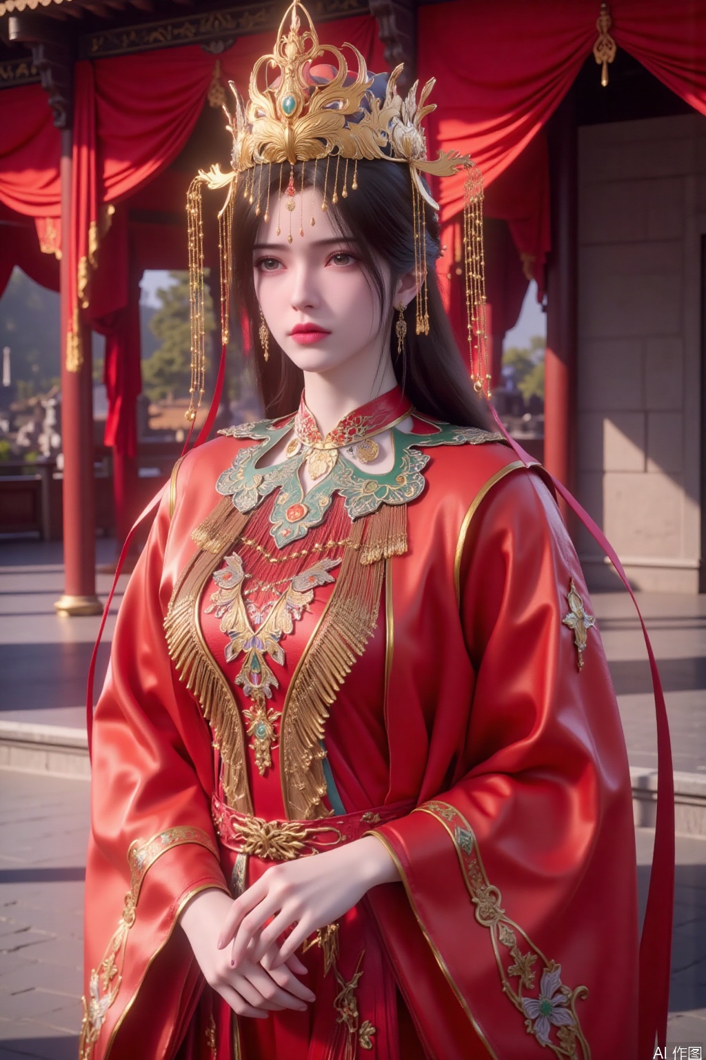 This is a beautiful picture showing a young woman dressed in a magnificent ancient costume. She was dressed in traditional red clothing, adorned with exquisite patterns and embroidery of gold and green, appearing very elegant and noble. She wears a golden headpiece on her head, with a complex design that exudes an extraordinary aura. Red curtains and classical architectural elements can be seen in the background, creating a solemn and elegant overall atmosphere.