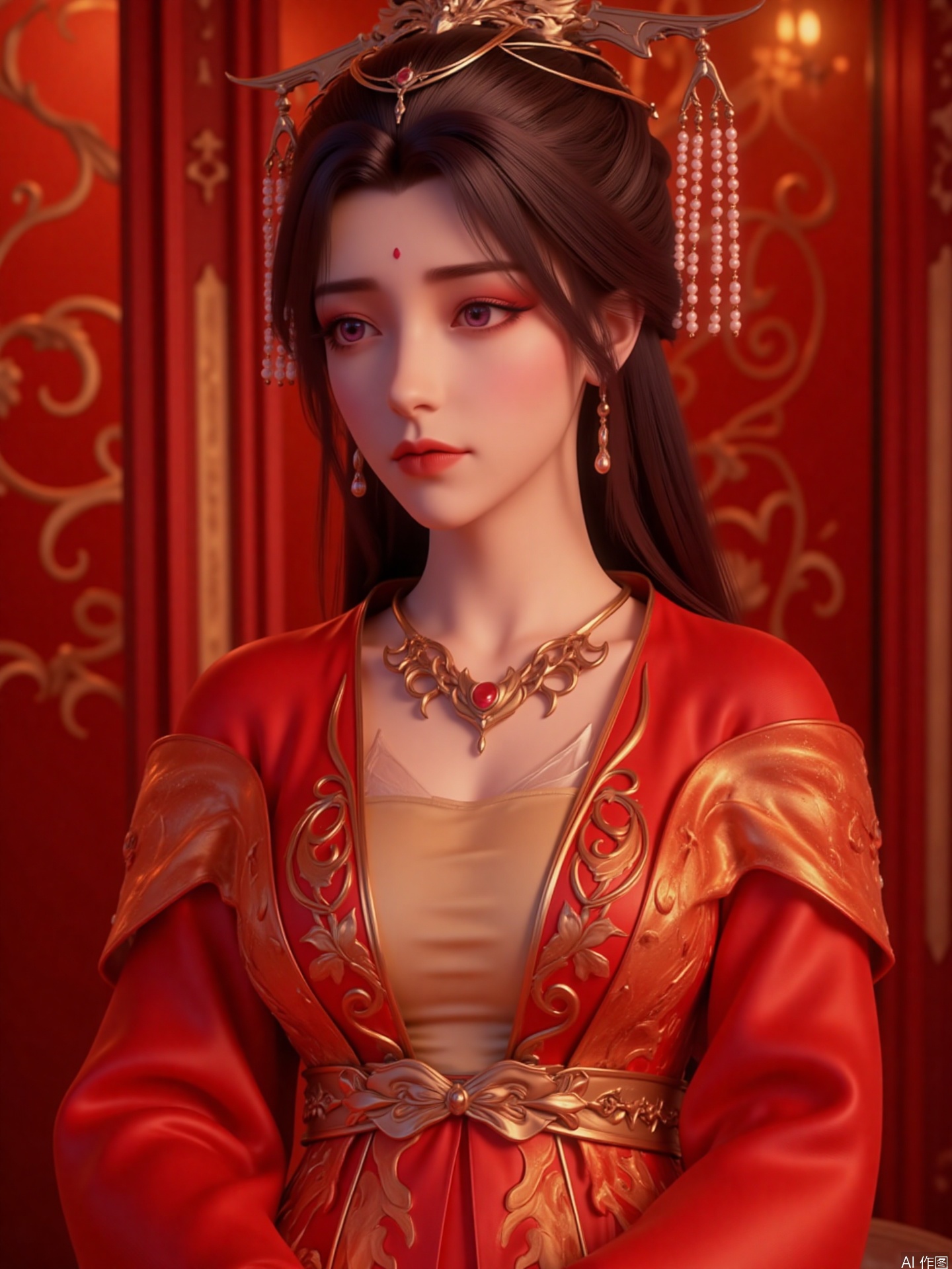 The image depicts a scene where a man is wearing traditional Chinese costume, specifically a red robe with golden embroidery. The man wore intricate jewelry, including a necklace and a headdress with dangled beads and a central gem. The background is filled with red and gold patterns, suggesting luxurious or ritualistic scenes, indicating that there may be cultural or historical backgrounds. The overall atmosphere is elegant and formal.