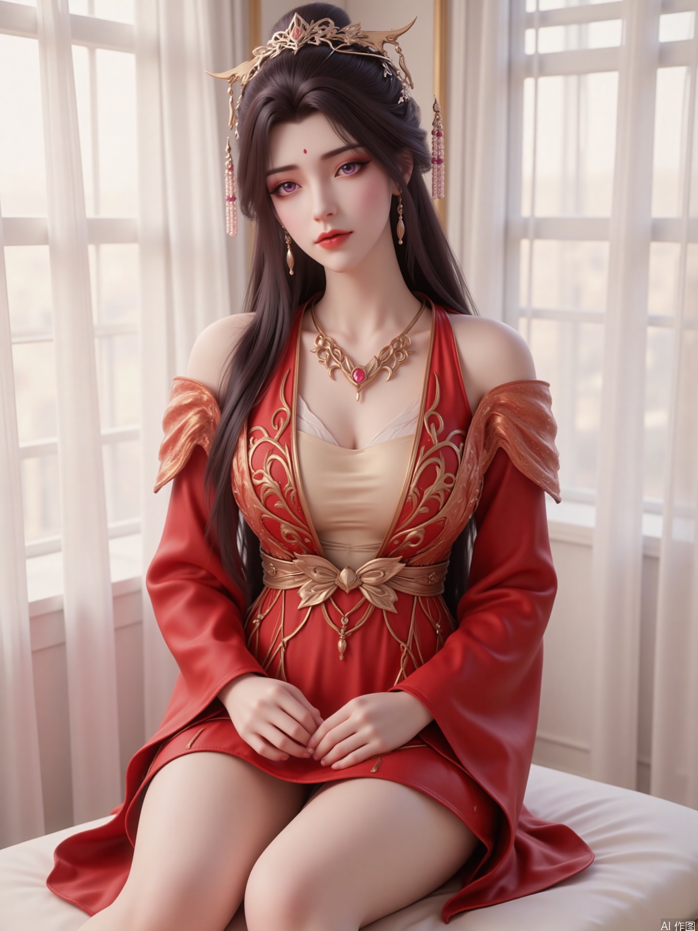 The picture shows a woman with long black hair, with purple eyes and pink red lips, a mark on her forehead, delicate makeup, three-dimensional facial features, a metal headdress and gold earrings, hanging beads and a central gem, and her breasts are large. The overall image is sweet and sexy.

She wore a gorgeous red dress with complex gold embroidery on the dress, and the dress with exquisite accessories looked very luxurious.

Position: She sits on the white bed with her legs together and slightly bent, her hands are folded on her legs, her body leans forward slightly, her eyes look straight ahead, and her posture is elegant and natural.
Light and shadow: The picture adopts soft natural light, and light sprinkles from the windows, forming delicate changes in light and shadow on the characters, highlighting the texture of the skin and the texture of the clothes, creating a warm and soft atmosphere.
Art style: This is a realistic CG illustration. The facial details of the characters, hair and wrinkles of the clothes are depicted in a very realistic way, with a strong sense of visual reality.
Background: The background is a simple indoor environment, with white curtains, windows and beds, with uniform tones and blurred backgrounds, highlighting the main characters, making the overall picture clean and tidy.
