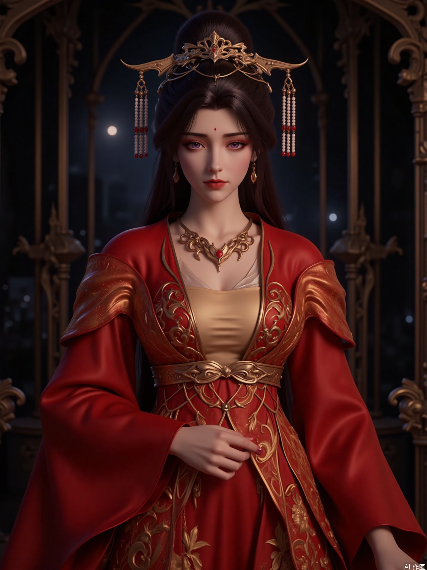 The image depicts a character dressed in an elaborate, traditional outfit, featuring a red robe with intricate gold patterns and designs. The character is adorned with a golden headpiece that includes decorative elements and dangling beads. The background appears to be an industrial or mechanical setting, with metallic structures and dim lighting, creating a contrast with the character's traditional attire. The overall scene suggests a blend of historical and futuristic elements.