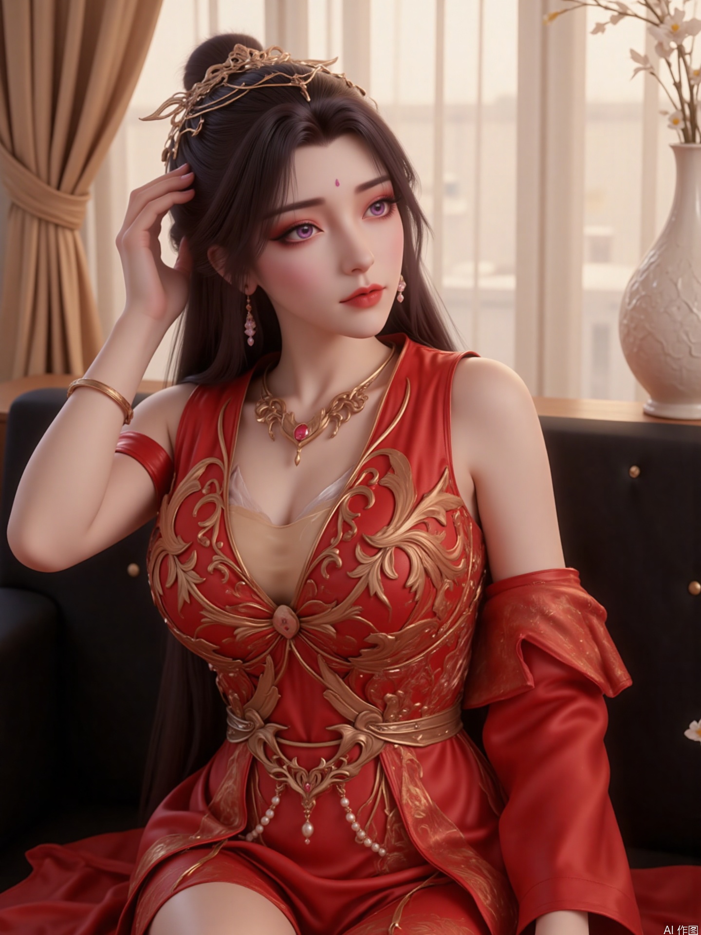 "The picture shows a woman with long black hair. She has purple eyes and pink red lips, a mark on her forehead, delicate makeup, three-dimensional facial features, a metal headdress and gold earrings, hanging beads and a central gem on the headdress, and her breasts are big. The overall image is sweet and sexy.
She wore a gorgeous red dress with complex gold embroidery on the dress, and the dress with exquisite accessories looked very luxurious.
She sat lazily on the black sofa, with one hand on her head and the other on her legs, leaning back slightly, looking at the camera, revealing a charming and casual temperament.
It belongs to a realistic style, and the facial details, hair, clothing textures, etc. of the characters are delicately portrayed. The texture is excellent, the color combination is harmonious, the picture is real and vivid, giving people a sense of reality in life scenes.
The background is an indoor scene, with beige curtains and white vases. The overall environment is simple and artistic, setting off the image of the characters and making the picture richer. "
