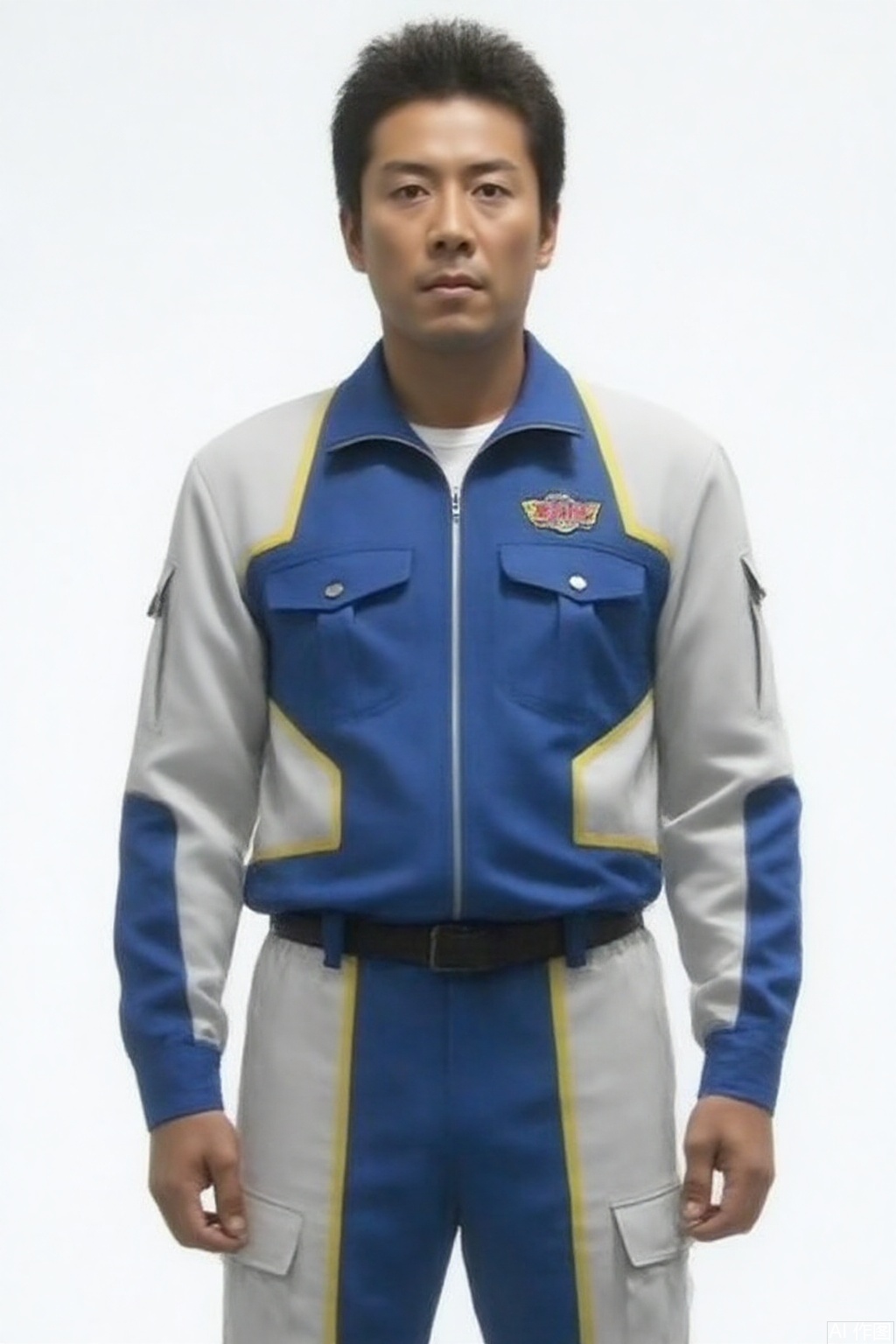 masterpiece, best quality,solo,(white background:1.2),simple background,
looking at viewer,ZAP,collar,belt,logo,uniform,jacket,pants,gloves,boots,emblem,blue jacket,blue pants,blue jacket with grey line,blue pants with gray line