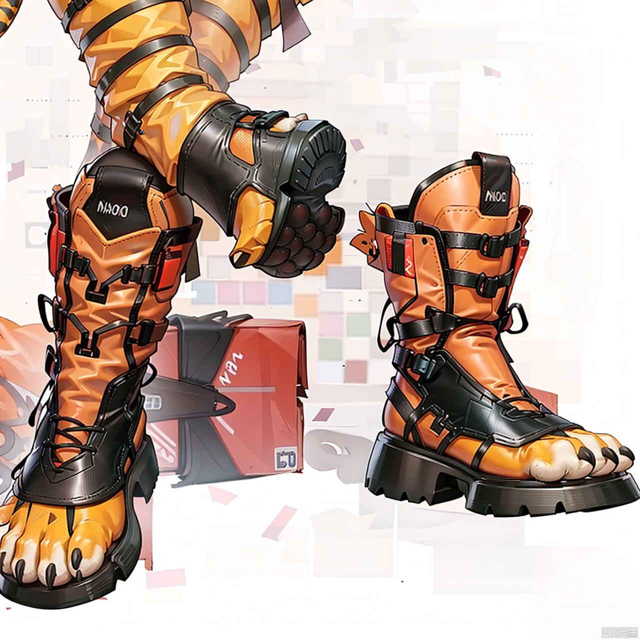 white background, boots, black footwear, shose, zipper, pads under the footwear,fashion,furry feet,tiger feet,only feet,furry,orange fur