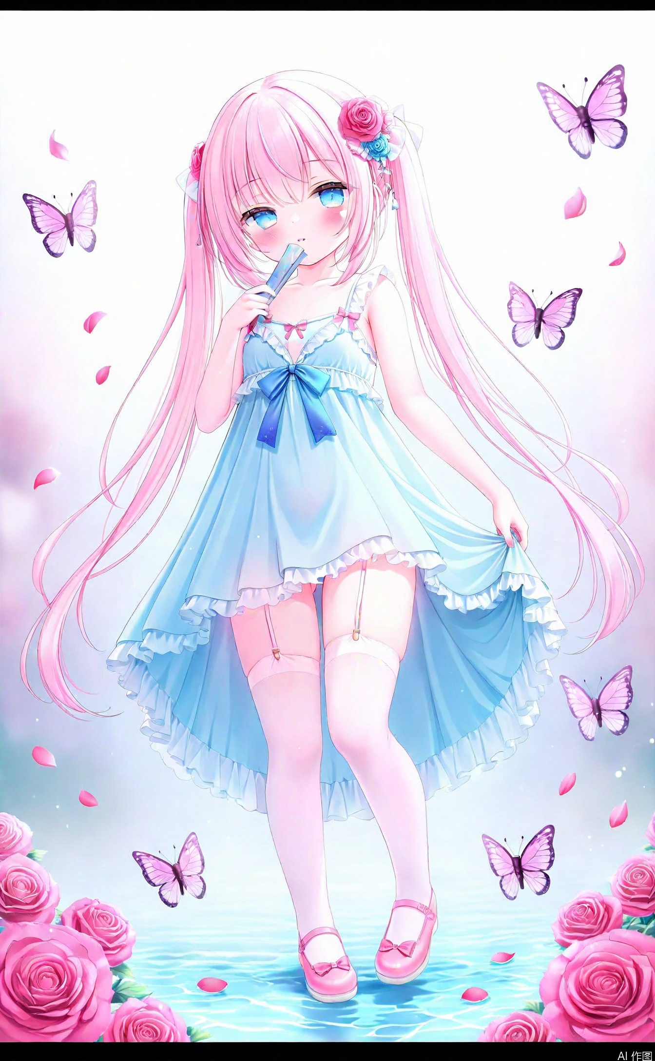 dim1_dim1-1e5ea48c,loli,loli,loli,loli,loli,loli,loli,loli,loradim1_loradim1-959ffe0c,1girl,solo,pink_hair,hand_fan,butterfly,thighhighs,long_hair,flower,bug,letterboxed,petals,twintails,hair_flower,folding_fan,hair_ornament,dress,very_long_hair,water,blue_eyes,pink_thighhighs,garter_straps,rose,shoes,