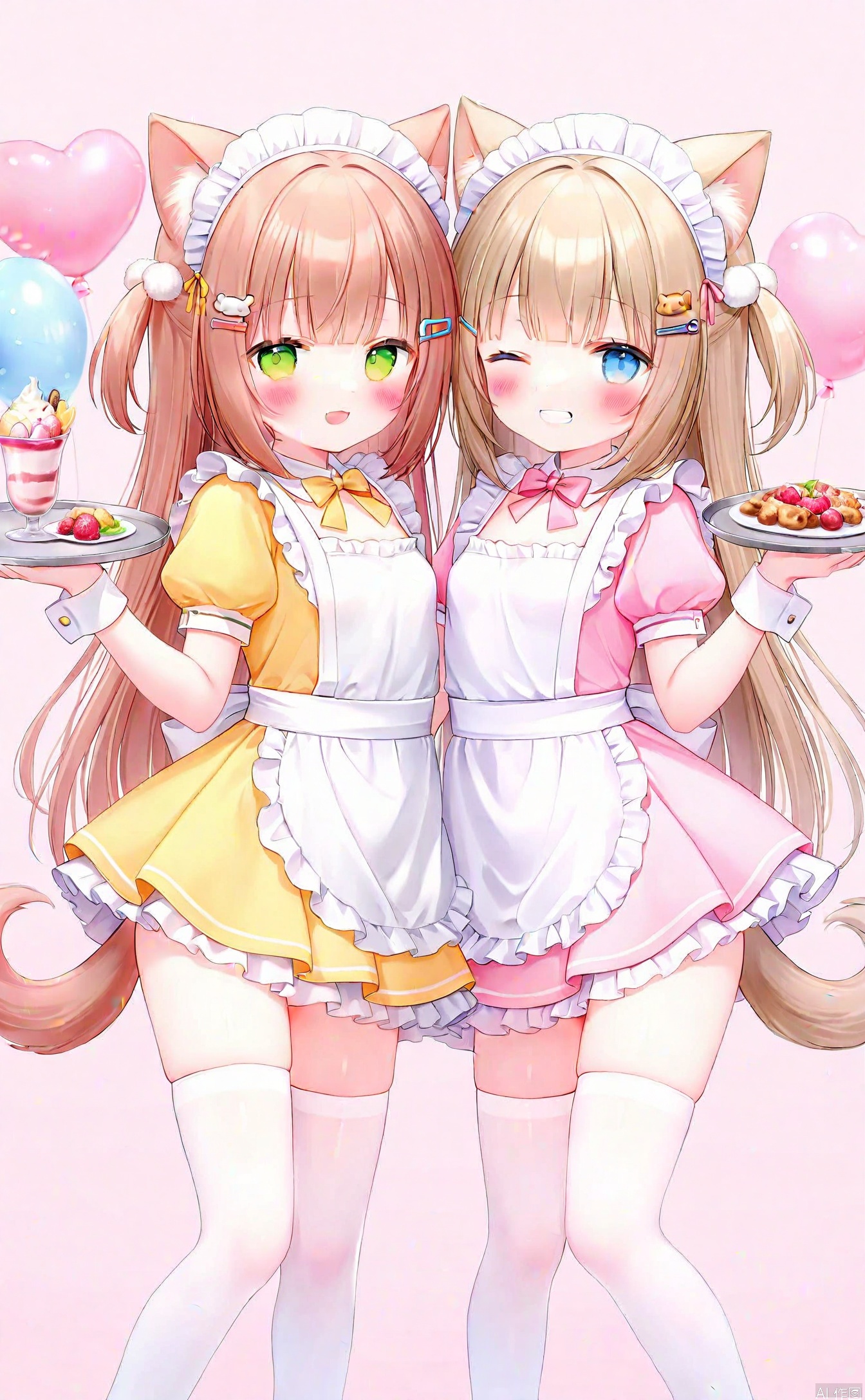 dim1_dim1-1e5ea48c,loli,loli,loli,loli,loli,loli,loli,loli, loradim1_loradim1-22f65b19, multiple_girls, 2girls, animal_ears, maid_headdress, tray, balloon, thighhighs, tail, cat_ears, green_eyes, holding_tray, smile, heart_balloon, one_eye_closed, dress, brown_hair, blush, pink_dress, apron, blue_eyes, maid, dog_ears, hair_ornament, cat_tail, looking_at_viewer, detached_sleeves, bone_hair_ornament, dog_girl, white_thighhighs, long_hair, frills, holding, yellow_dress, cat_girl, ribbon, parfait, fish_hair_ornament, open_mouth, pom_pom_hair_ornament, dog_tail, pink_ribbon, white_apron, frilled_apron, grin, breasts, maid_apron, puffy_sleeves, wrist_cuffs, hairclip, short_sleeves, frilled_dress, puffy_short_sleeves, food, waist_apron, ice_cream, sidelocks, cat_hair_ornament, feet_out_of_frame, animal_ear_fluff, blunt_bangs, one_side_up, standing, bow, small_breasts 