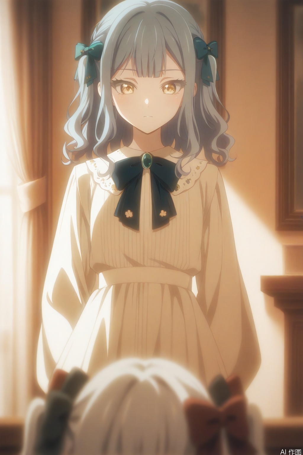togawa sakiko,medium hair,bangs,ribbon,hair ribbon,black ribbon,two side up,blue hair,grey hair,sidelocks,blunt bangs,yellow eyes,wavy hair