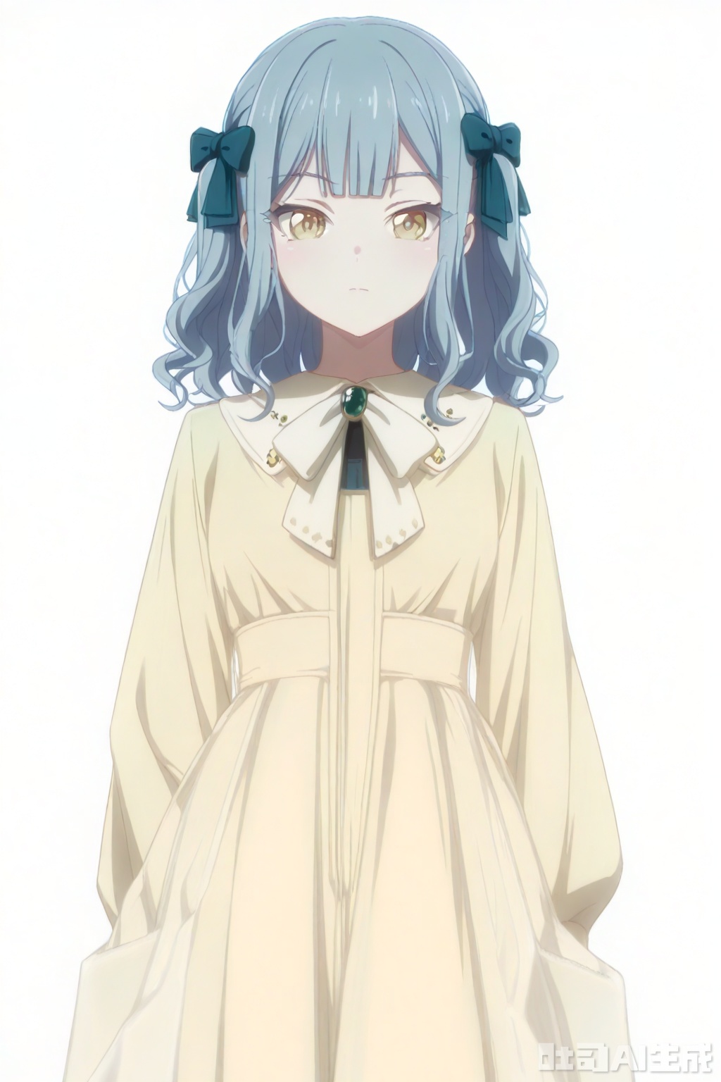 masterpiece, best quality,solo,((white background:1.2)),simple background,
looking at viewer,togawa sakiko,medium hair,bangs,ribbon,hair ribbon,black ribbon,two side up,blue hair,grey hair,sidelocks,blunt bangs,yellow eyes,wavy hair