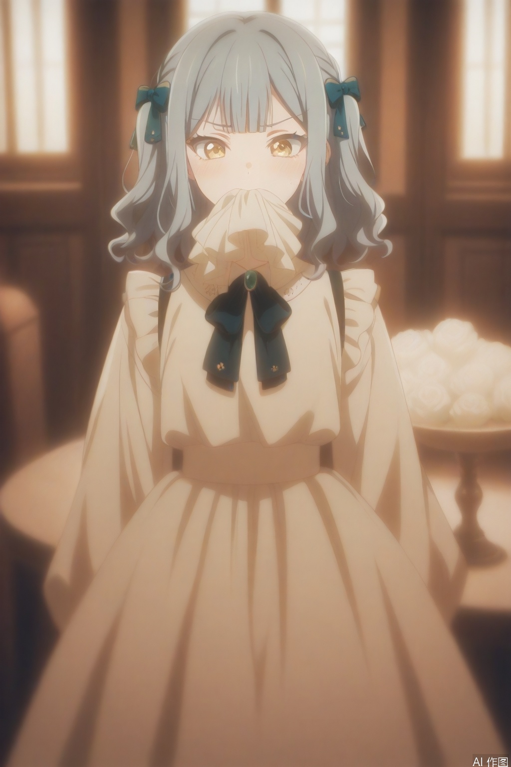 togawa sakiko,medium hair,bangs,ribbon,hair ribbon,black ribbon,two side up,blue hair,grey hair,sidelocks,blunt bangs,yellow eyes,wavy hair