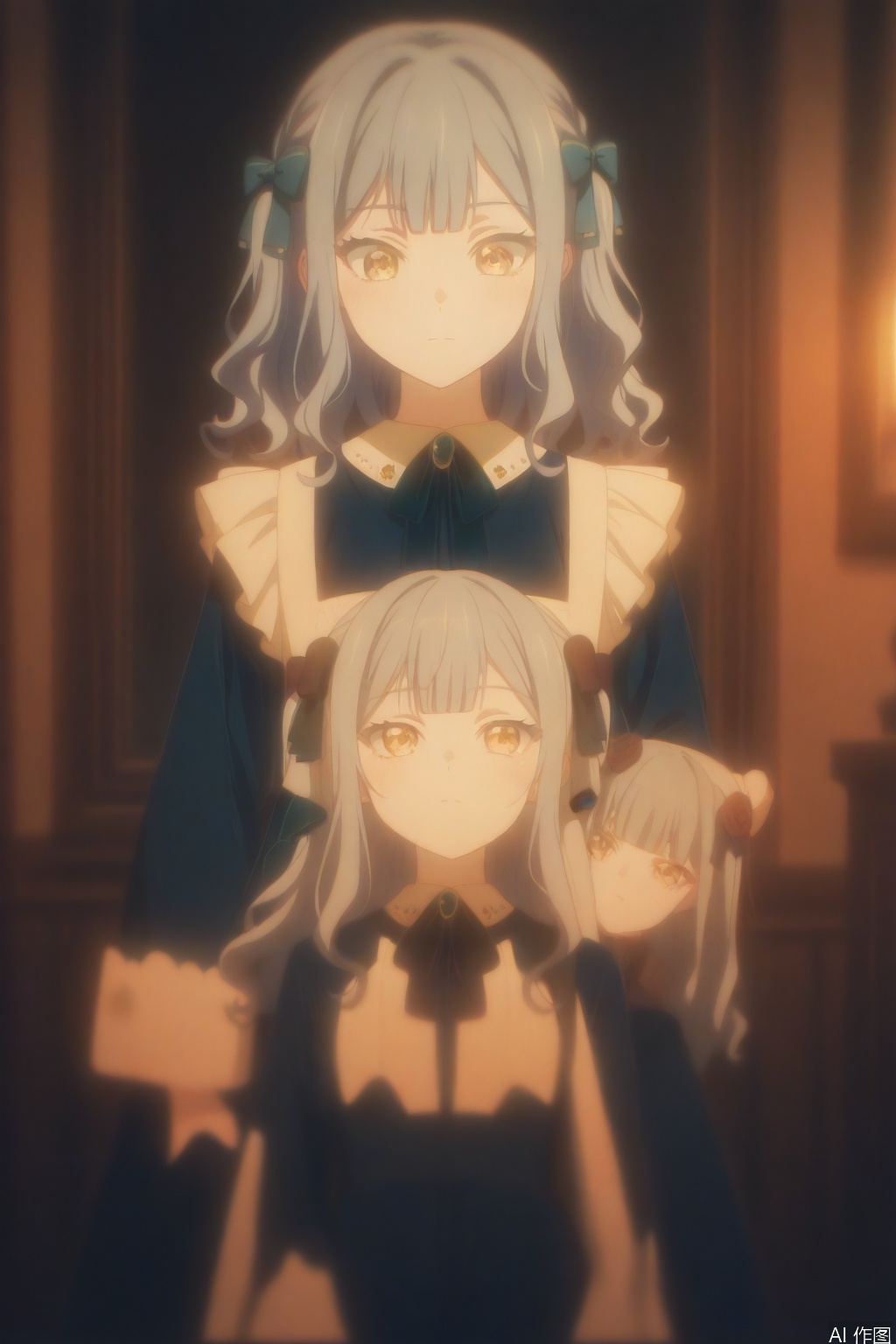 togawa sakiko,medium hair,bangs,ribbon,hair ribbon,black ribbon,two side up,blue hair,grey hair,sidelocks,blunt bangs,yellow eyes,wavy hair