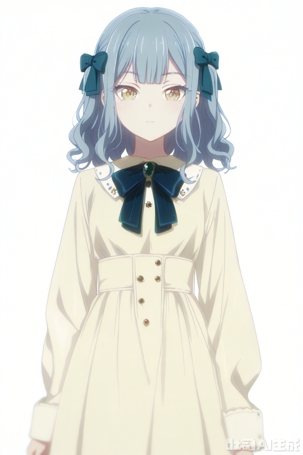masterpiece, best quality,solo,((white background:1.2)),simple background,
looking at viewer,togawa sakiko,medium hair,bangs,ribbon,hair ribbon,black ribbon,two side up,blue hair,grey hair,sidelocks,blunt bangs,yellow eyes,wavy hair