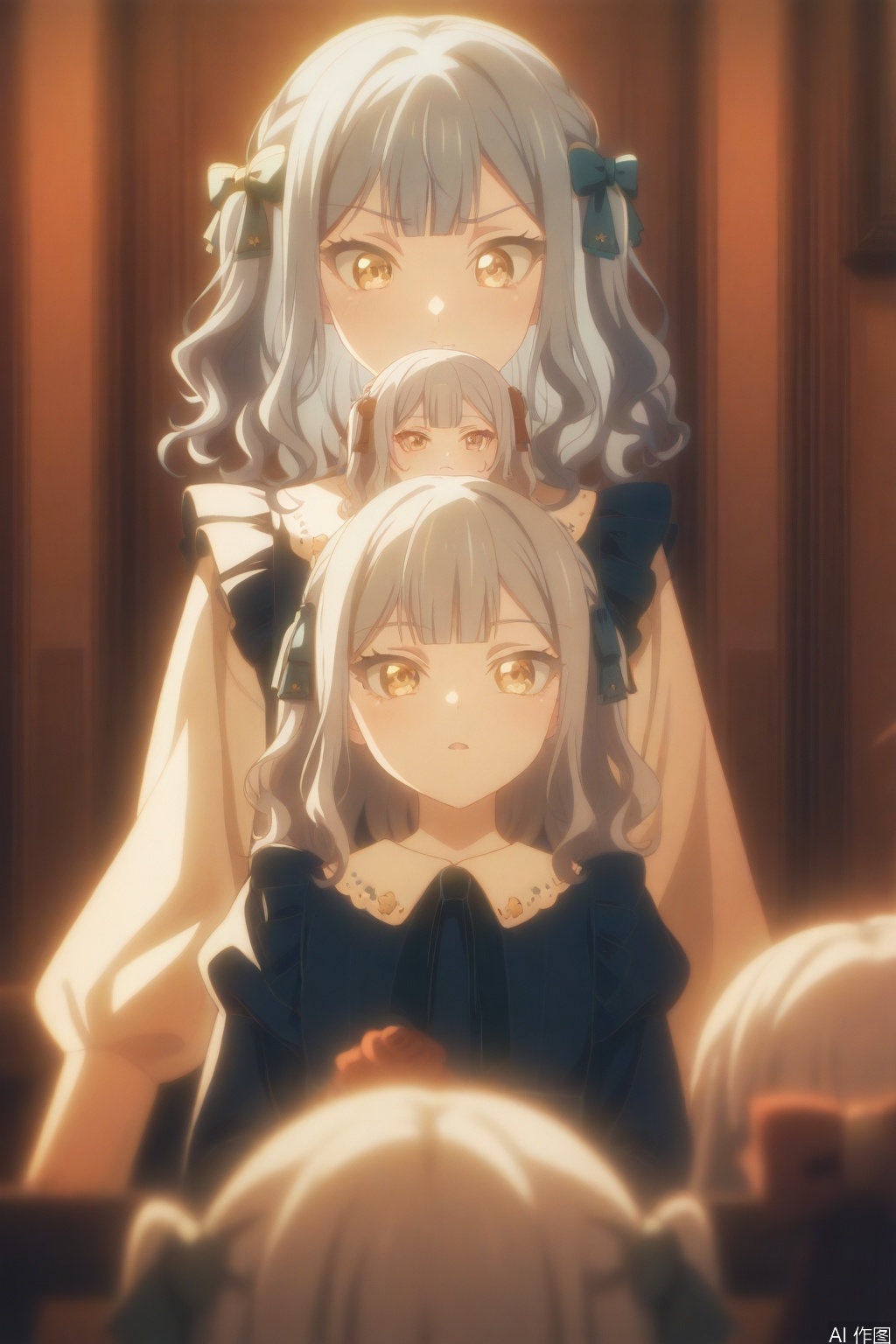 togawa sakiko,medium hair,bangs,ribbon,hair ribbon,black ribbon,two side up,blue hair,grey hair,sidelocks,blunt bangs,yellow eyes,wavy hair