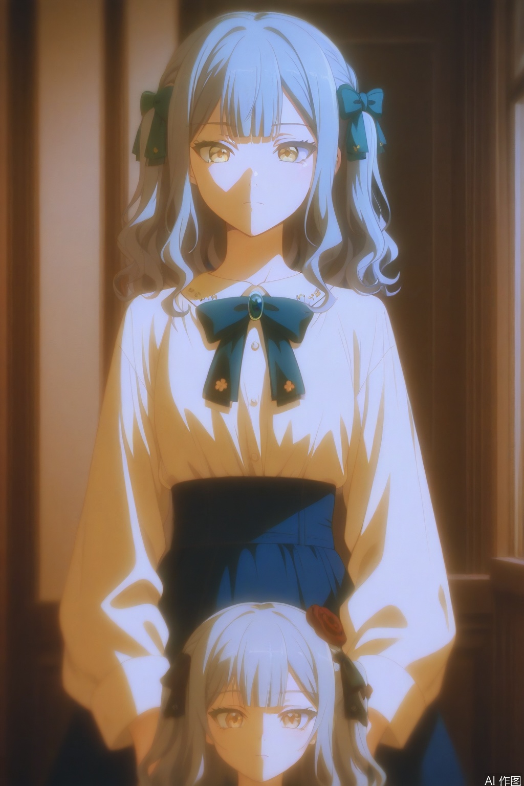 togawa sakiko,medium hair,bangs,ribbon,hair ribbon,black ribbon,two side up,blue hair,grey hair,sidelocks,blunt bangs,yellow eyes,wavy hair