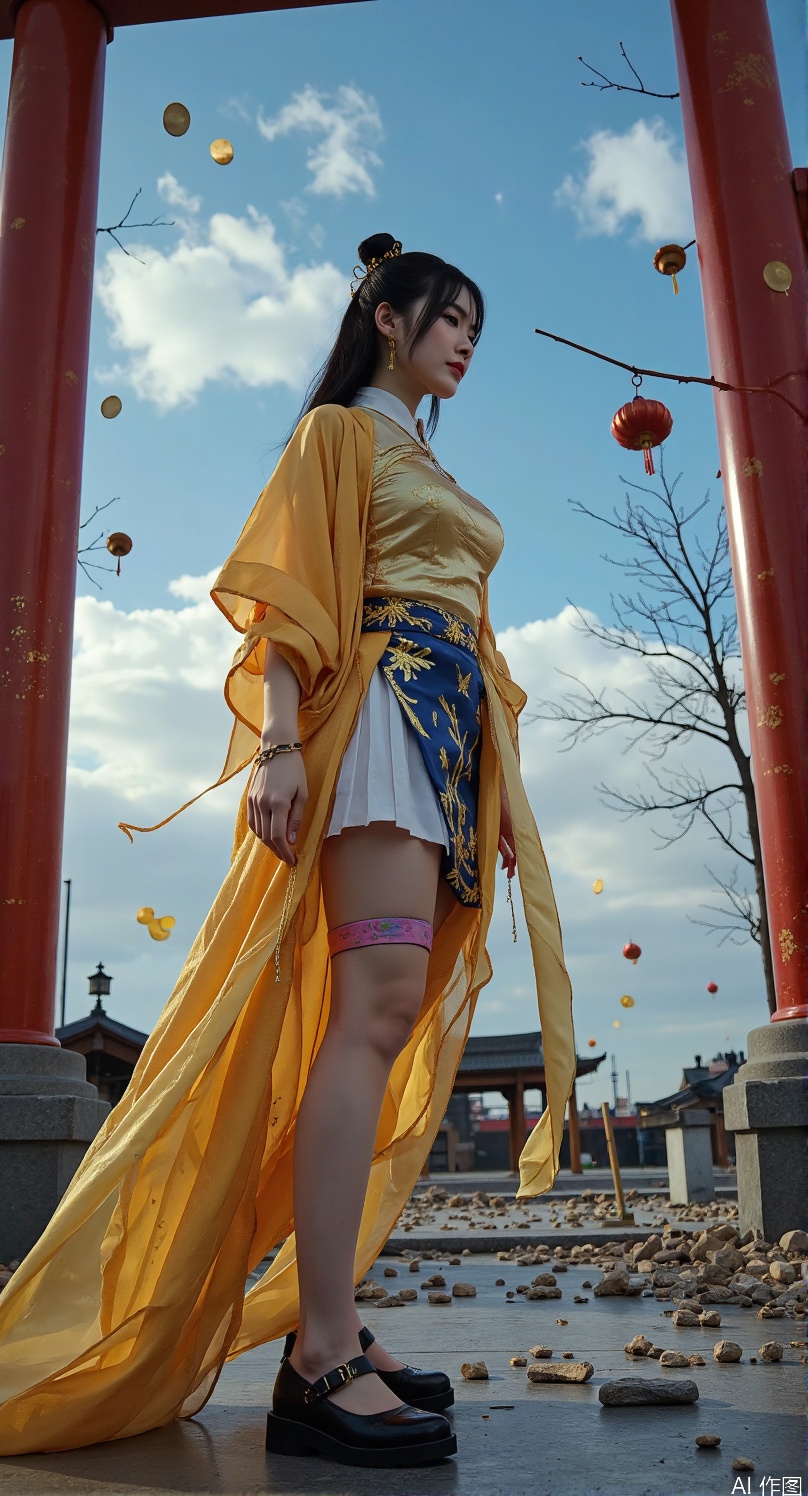 (thick-soled carbon fiber qiaotou shoes:1.6), 
(Tang dynasty upturned toe design:1.5), (Tang dynasty palace attire:1.6), 
brocade cross-collar jacket with peony embroidery, 
high-waisted pleated skirt (silk gauze layer:1.4), 
golden phoenix shawl pinned with jade cicada, 
silk sash tied in double-loop knot (flowing ribbons:1.3)
hydraulic pistons with golden circuit veins, 
neon silk ribbons floating in anti-gravity fields
(extreme worm's-eye view from 0.3m:1.6), (apocalyptic Tang sky:1.7) with 
colliding #BA55D3 plasma and #00BFFF lightning, 
fractal cloud algorithms generating 
(taiji auroras:1.4), 
celestial bodies warped by gravitational lensing

8mm fisheye lens with k1=0.45 distortion, 
collapsing Tang pagoda pillars as leading lines, 
foreground debris framing composition diagonally
(apocalyptic Tang sky:1.7) with 
colliding #BA55D3 plasma and #00BFFF lightning, 
fractal cloud algorithms generating 
(taiji auroras:1.4), 
celestial bodies warped by gravitational lensing
(quantum silk:1.5) with probability wave patterns, 
thermochromic glaze shifting from #008080 to #FF1493, 
nanobots forming peony embroidery clusters, 
holographic fenghuang projections around ankles
(silk thigh-high stockings:1.7) with 
(golden fenghuang garters:1.6) casting 
subsurface scattering glow, 
wind-torn hem revealing 
(bioluminescent skin:1.4) showing 
meridian system patterns
(bamboo storm:1.4) with motion blur trails, 
shattering porcelain debris frozen mid-air, 
(ink splatter dynamics:1.3) forming 
calligraphic explosion patterns
(silk thigh-high stockings:1.6) with 
(golden fenghuang garters:1.5) casting 
subsurface scattering glow, 
(wind-torn hem:1.3) revealing 
(bioluminescent skin:1.4) showing 
(meridian system patterns:1.2), 
(leg chain accessories:1.4) composed of:
1. (jade bi discs:1.3) engraved with cloud motifs
2. (bronze zodiac animal pendants:1.2) 
3. (silk tassels:1.1) dyed with indigo gradient