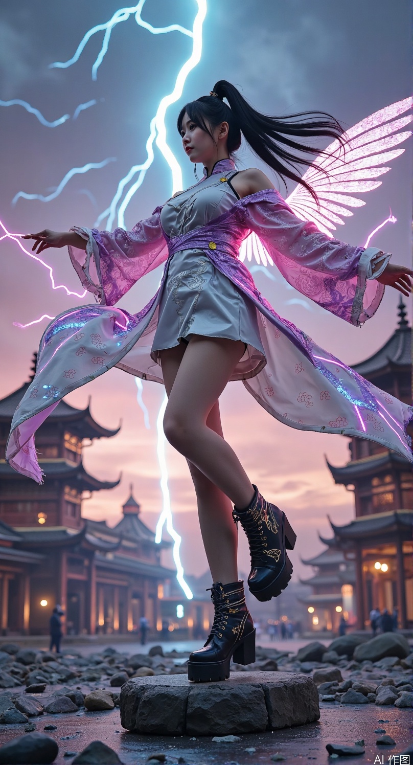 (thick-soled carbon fiber boots:1.5)  
(Tang dynasty upturned toe design:1.4)  
(forward-thrust stomping pose:1.5)  
(hyper-extended leg perspective:1.5)  

18-year-old girl in (cyber-Tang fusion attire:1.4)  
(modified cross-collar robe:1.3) rippling with  
(peony biomechanical circuits:1.5)  
(wind-torn sleeves:1.3) revealing (hydraulic joints:1.4)  

(amethyst plasma trails:1.3) along (extended leg:1.4)  
(electric cyan lightning:1.3) grounding through (heel strike:1.5)  
(apocalyptic Tang sky:1.4) with (quantum yin-yang auroras:1.5)  

(collapsing pagoda pillars:1.3) radiating from (impact point:1.5)  
(ultra-wide fisheye distortion:1.4) from 0.2m perspective  
(shattered porcelain debris:1.3) in (shockwave patterns:1.4)  

(thermochromic silk:1.4) shifting teal to fuchsia  
(nanobot peony clusters:1.3) along (stress lines:1.4)  
(holographic phoenix wings:1.5) enveloping legs  

(silk thigh-high stockings:1.3) with (prismatic garters:1.4)  
(bioluminescent meridians:1.5) converging on foot  
(bamboo storm deflection:1.3) by (kinetic shockwave:1.5)  
(silk thigh-high stockings:1.6) with 
(golden fenghuang garters:1.5) casting 
subsurface scattering glow, 
(wind-torn hem:1.3) revealing 
(bioluminescent skin:1.4) showing 
(meridian system patterns:1.2), 
(leg chain accessories:1.4) composed of:
1. (jade bi discs:1.3) engraved with cloud motifs
2. (bronze zodiac animal pendants:1.2) 
3. (silk tassels:1.1) dyed with indigo gradient
full body