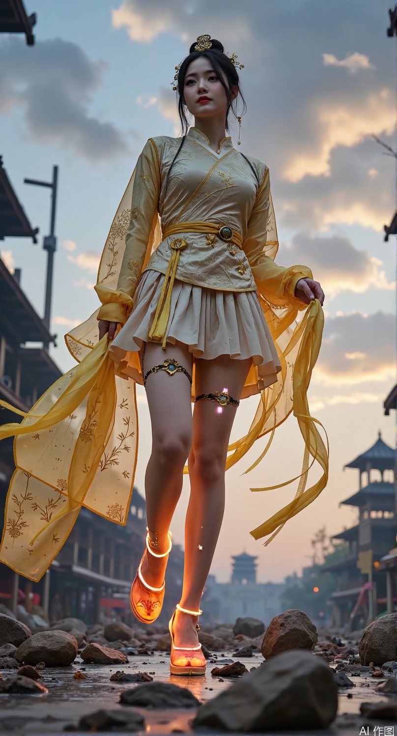 (thick-soled carbon fiber qiaotou shoes:1.6), 
(Tang dynasty upturned toe design:1.5), (Tang dynasty palace attire:1.6), 
brocade cross-collar jacket with peony embroidery, 
high-waisted pleated skirt (silk gauze layer:1.4), 
golden phoenix shawl pinned with jade cicada, 
silk sash tied in double-loop knot (flowing ribbons:1.3)
hydraulic pistons with golden circuit veins, 
neon silk ribbons floating in anti-gravity fields
(extreme worm's-eye view from 0.3m:1.6), (apocalyptic Tang sky:1.7) with 
colliding #BA55D3 plasma and #00BFFF lightning, 
fractal cloud algorithms generating 
(taiji auroras:1.4), 
celestial bodies warped by gravitational lensing

8mm fisheye lens with k1=0.45 distortion, 
collapsing Tang pagoda pillars as leading lines, 
foreground debris framing composition diagonally
(apocalyptic Tang sky:1.7) with 
colliding #BA55D3 plasma and #00BFFF lightning, 
fractal cloud algorithms generating 
(taiji auroras:1.4), 
celestial bodies warped by gravitational lensing
(quantum silk:1.5) with probability wave patterns, 
thermochromic glaze shifting from #008080 to #FF1493, 
nanobots forming peony embroidery clusters, 
holographic fenghuang projections around ankles
(silk thigh-high stockings:1.7) with 
(golden fenghuang garters:1.6) casting 
subsurface scattering glow, 
wind-torn hem revealing 
(bioluminescent skin:1.4) showing 
meridian system patterns
(bamboo storm:1.4) with motion blur trails, 
shattering porcelain debris frozen mid-air, 
(ink splatter dynamics:1.3) forming 
calligraphic explosion patterns
(silk thigh-high stockings:1.6) with 
(golden fenghuang garters:1.5) casting 
subsurface scattering glow, 
(wind-torn hem:1.3) revealing 
(bioluminescent skin:1.4) showing 
(meridian system patterns:1.2), 
(leg chain accessories:1.4) composed of:
1. (jade bi discs:1.3) engraved with cloud motifs
2. (bronze zodiac animal pendants:1.2) 
3. (silk tassels:1.1) dyed with indigo gradient