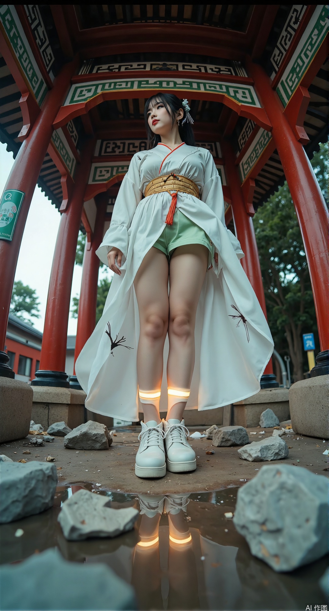 18 - year - old girl.(bamboo storm deflection:1.3) by (kinetic shockwave:1.5)
(Shattered porcelain fragments:1.4) clinging to shoe bottom treads (Collapsing pagoda pillars:1.3) reflecting in polished shoe bottom (Quantum yin - yang vortex:1.4) mirrored on shoe bottom surface
best quality, masterpiece,
extreme low angle fisheye perspective,
deconstructed Song dynasty robe with LED lining,
(kinetic tassel belt:1.4) with glowing bead pendants,
thick - soled cloth shoes reinforced with bronze studs,
gradient stockings showing porcelain crackle texture,
wind - blown fabric creating triangular composition,
holographic crane projections around ankles,
broken celadon pillars framing the scene,
chiaroscuro lighting emphasizing leg proportions
(extreme worm's-eye view from 0.3m:1.6), 
8mm fisheye lens with k1=0.45 distortion, 
collapsing Tang pagoda pillars as leading lines, 
foreground debris framing composition diagonally


