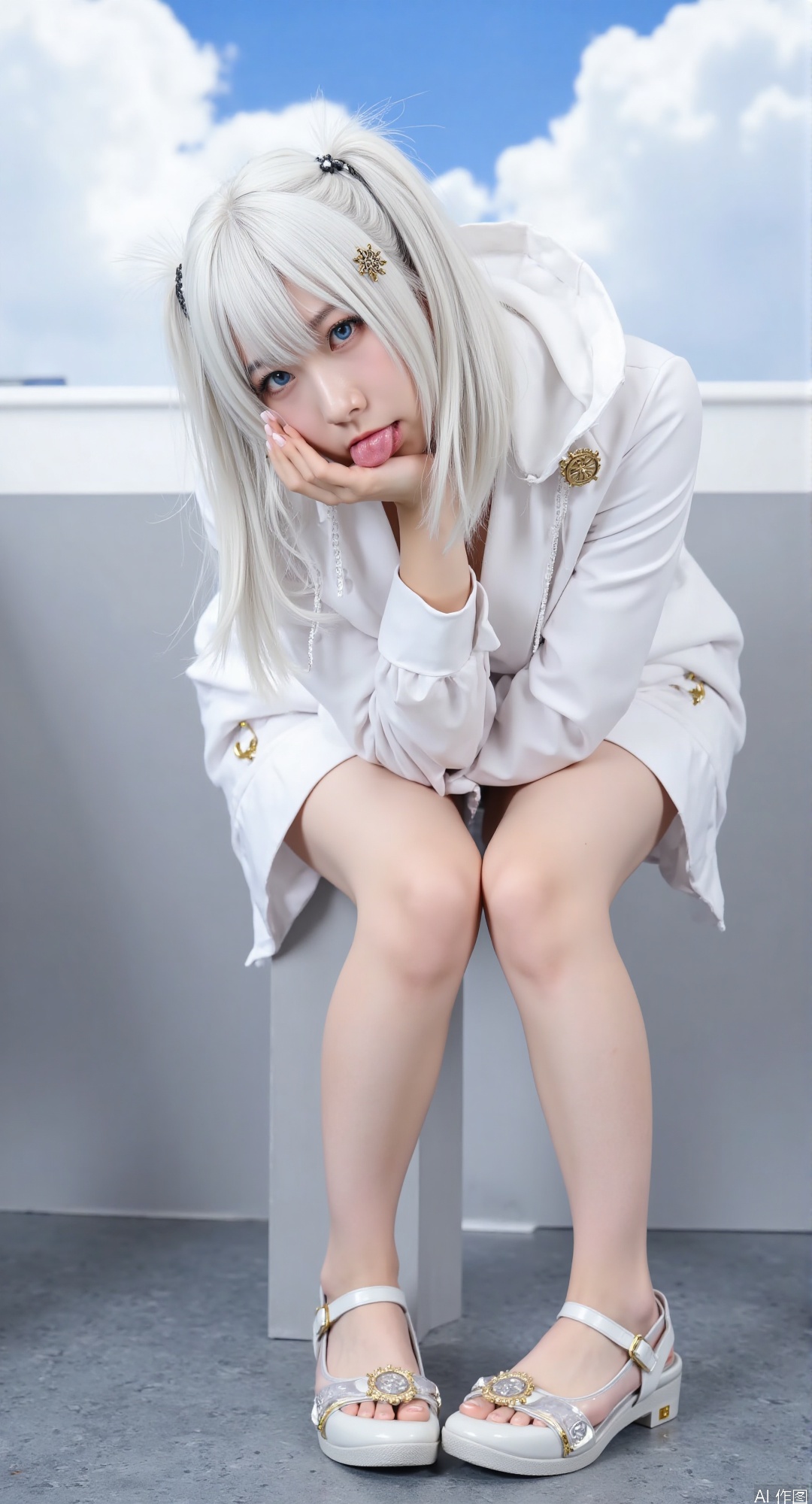 1girl, solo, in a realistic and detailed setting. She has white, long hair styled in low twintails, with some strands floating gently as if in a light breeze. Her hair is adorned with a simple, yet noticeable hair ornament. She has striking blue eyes that are looking directly at the viewer, with a neutral, expressionless face and her mouth closed.
 
She is wearing a white jacket with a hood, which is currently down. Underneath the jacket, she has on a dress. The outfit features visible gears and mechanical joints, giving a hint of a steampunk or cybernetic influence, but presented in a highly realistic manner.
 
The background shows a clear sky with fluffy, realistic clouds. The shot is taken from above, providing a comprehensive view of the girl. The image is crafted to be a masterpiece with the best quality, high resolution (highres), and extremely detailed (absurdres), giving a very aesthetic and natural look, free from any overly stylized artistic filters.
 
This image aims to capture the essence of a real person with unique features in a vivid and lifelike way, without relying on specific artist style weights as they may introduce more stylized elements that deviate from pure realism.  white transparent shoes,long legs,enjoy face,Bend down, support the ground with her hands, stick out her tongue and lick the water on the ground，tongue,lick,water,close up to face