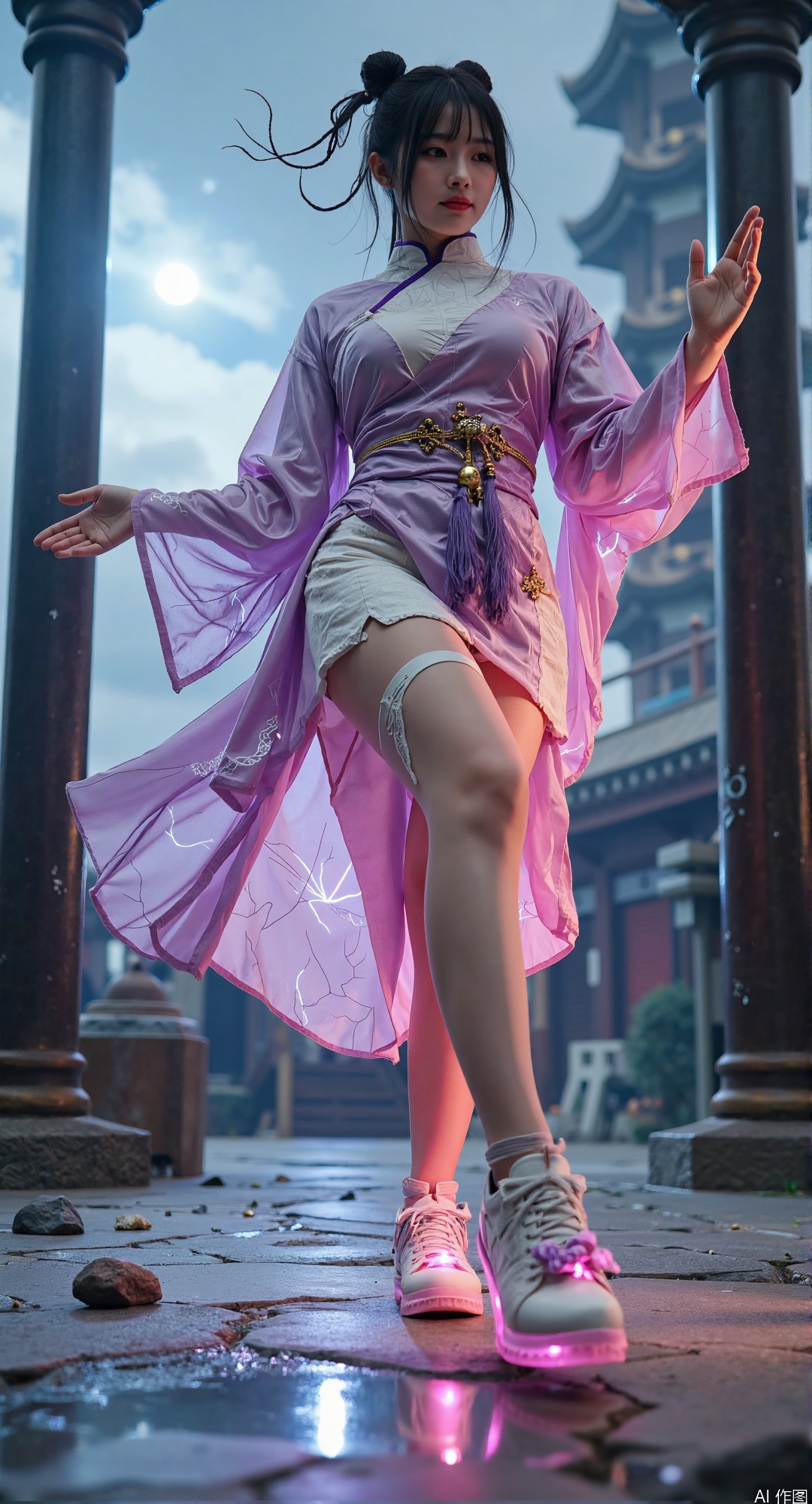 (thick - soled flat - bottomed slip - on shoes:1.5)
(plain toe:1.4)
(forward - thrust stomping pose:1.5)
(hyper - extended leg perspective:1.5))
 
18 - year - old girl in (cyber - Tang fusion attire:1.4)
(modified cross - collar robe:1.3) rippling with
(peony biomechanical circuits:1.5)
(wind - torn sleeves:1.3) revealing (hydraulic joints:1.4)
 
(amethyst plasma trails:1.3) along (extended leg:1.4)
(electric cyan lightning:1.3) grounding through (heel strike:1.5)
(apocalyptic Tang sky:1.4) with (quantum yin - yang auroras:1.5)
 
(collapsing pagoda pillars:1.3) radiating from (impact point:1.5)
(ultra - wide fisheye distortion:1.4) from 0.2m perspective
(shattered porcelain debris:1.3) in (shockwave patterns:1.4)
 
(thermochromic silk:1.4) shifting teal to fuchsia
(nanobot peony clusters:1.3) along (stress lines:1.4)
(holographic phoenix wings:1.5) enveloping legs
 
(silk thigh - high stockings:1.3) with (prismatic garters:1.4)
(bioluminescent meridians:1.5) converging on foot
(bamboo storm deflection:1.3) by (kinetic shockwave:1.5)
(Shattered porcelain fragments:1.4) clinging to shoe bottom treads (Collapsing pagoda pillars:1.3) reflecting in polished shoe bottom (Quantum yin - yang vortex:1.4) mirrored on shoe bottom surface
best quality, masterpiece,
extreme low angle fisheye perspective,
deconstructed Song dynasty robe with LED lining,
(kinetic tassel belt:1.4) with glowing bead pendants,
thick - soled cloth shoes reinforced with bronze studs,
gradient stockings showing porcelain crackle texture,
wind - blown fabric creating triangular composition,
holographic crane projections around ankles,
broken celadon pillars framing the scene,
chiaroscuro lighting emphasizing leg proportions
(silk thigh-high stockings:1.7) with 
(interlocked dragon-gold garters:1.6) casting 
(subsurface scattering:1.5) in #FFD700 hues,
(bioluminescent meridians:1.6) mapping 
(acupuncture point constellations:1.4),
(leg chain system:1.5):
1. (jade bi discs:1.4) engraved with 28 lunar mansions
2. (bronze fenghuang pendants:1.3) with enamel cloisonné
3. (silk tassels:1.2) dyed wisteria purple