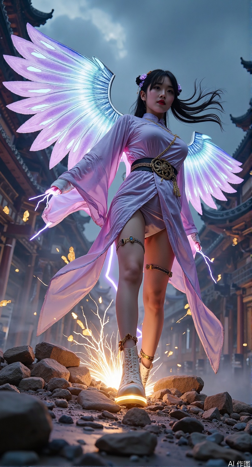 (thick-soled carbon fiber boots:1.5)  
(Tang dynasty upturned toe design:1.4)  
(forward-thrust stomping pose:1.5)  
(hyper-extended leg perspective:1.5)  

18-year-old girl in (cyber-Tang fusion attire:1.4)  
(modified cross-collar robe:1.3) rippling with  
(peony biomechanical circuits:1.5)  
(wind-torn sleeves:1.3) revealing (hydraulic joints:1.4)  

(amethyst plasma trails:1.3) along (extended leg:1.4)  
(electric cyan lightning:1.3) grounding through (heel strike:1.5)  
(apocalyptic Tang sky:1.4) with (quantum yin-yang auroras:1.5)  

(collapsing pagoda pillars:1.3) radiating from (impact point:1.5)  
(ultra-wide fisheye distortion:1.4) from 0.2m perspective  
(shattered porcelain debris:1.3) in (shockwave patterns:1.4)  

(thermochromic silk:1.4) shifting teal to fuchsia  
(nanobot peony clusters:1.3) along (stress lines:1.4)  
(holographic phoenix wings:1.5) enveloping legs  

(silk thigh-high stockings:1.3) with (prismatic garters:1.4)  
(bioluminescent meridians:1.5) converging on foot  
(bamboo storm deflection:1.3) by (kinetic shockwave:1.5)  
(silk thigh-high stockings:1.6) with 
(golden fenghuang garters:1.5) casting 
subsurface scattering glow, 
(wind-torn hem:1.3) revealing 
(bioluminescent skin:1.4) showing 
(meridian system patterns:1.2), 
(leg chain accessories:1.4) composed of:
1. (jade bi discs:1.3) engraved with cloud motifs
2. (bronze zodiac animal pendants:1.2) 
3. (silk tassels:1.1) dyed with indigo gradient
full body