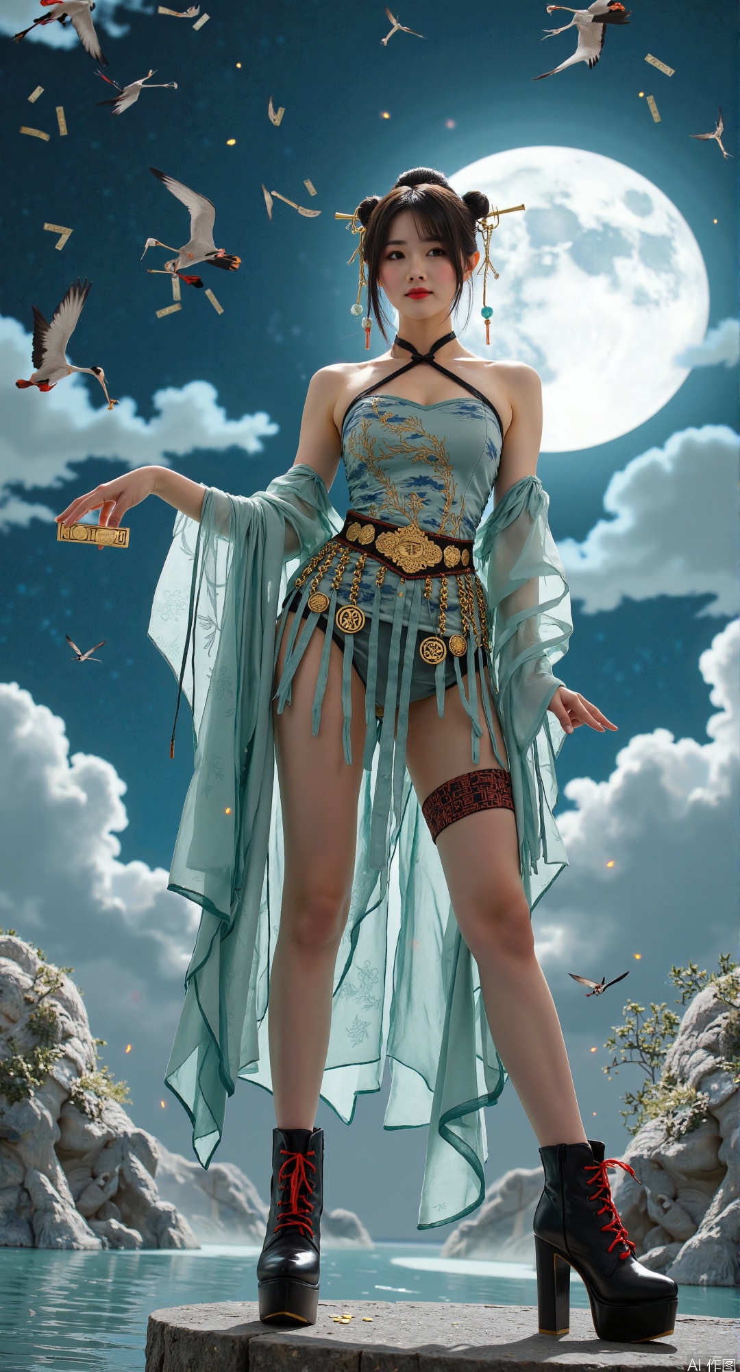 masterpiece, ultra-detailed,  
Dutch angle with perspective warp,  
reconstructed Ming flying-fish uniform with circuit embroidery,  
(kinetic coin fringe belt:1.5) with radiant coin pendants,  
black lacquer platforms with crimson silk lacing, wide stance,  
celadon crackle stockings with armored knee caps,  
spinning talisman anklets emitting gold particle trails,  
floating torn scroll fragments around ankles,  
dramatic backlight highlighting silk garter textures  
(surreal chinoiserie sky:1.5), 
colliding auroras in (暮山紫:1.4) and (库金:1.3), 
flying cranes dissolving into ink splatters, 
moonlight casting (blue porcelain reflections:1.2)
