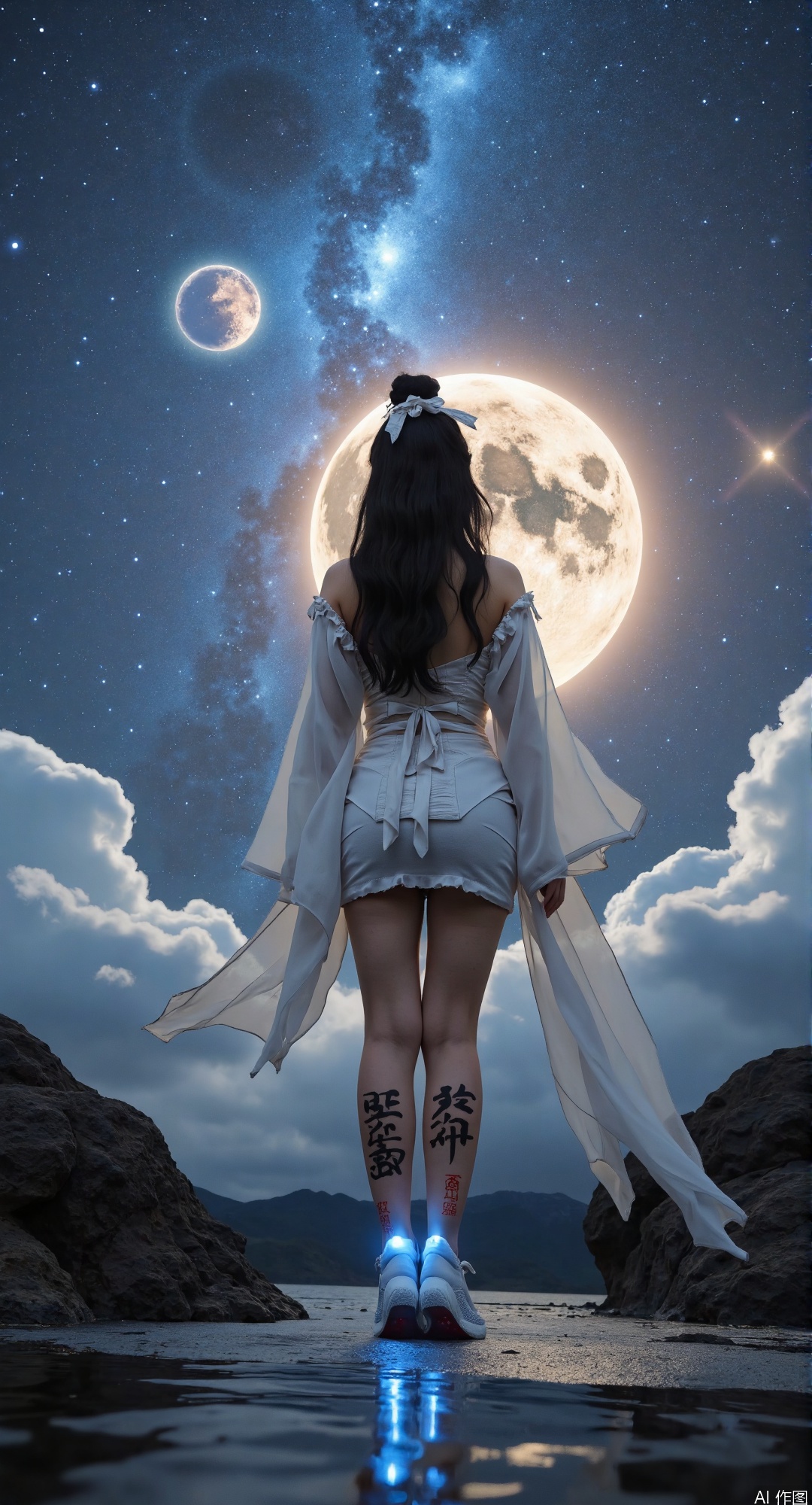 (ink painting style:1.3), torn silk hanfu, splattered ink wounds, floating paper talismans, thunderstorm sky, broken inkstone, glowing calligraphy stockings, LED shoes creating ink ripples, dynamic low angle, 18-year-old girl, super long legs, (traditional Chinese beauty:1.2), intricate details，(quantum starfield sky:1.6), 
stars forming (Bagua patterns:1.5) with #FFD700 glow, 
nebulas in #6A1B9A and #87CEEB gradients, 
(holographic fenghuang:1.4) orbiting celestial bodies, 
(gravitational lensing:1.3) warping light into 
ancient Chinese landscape paintings