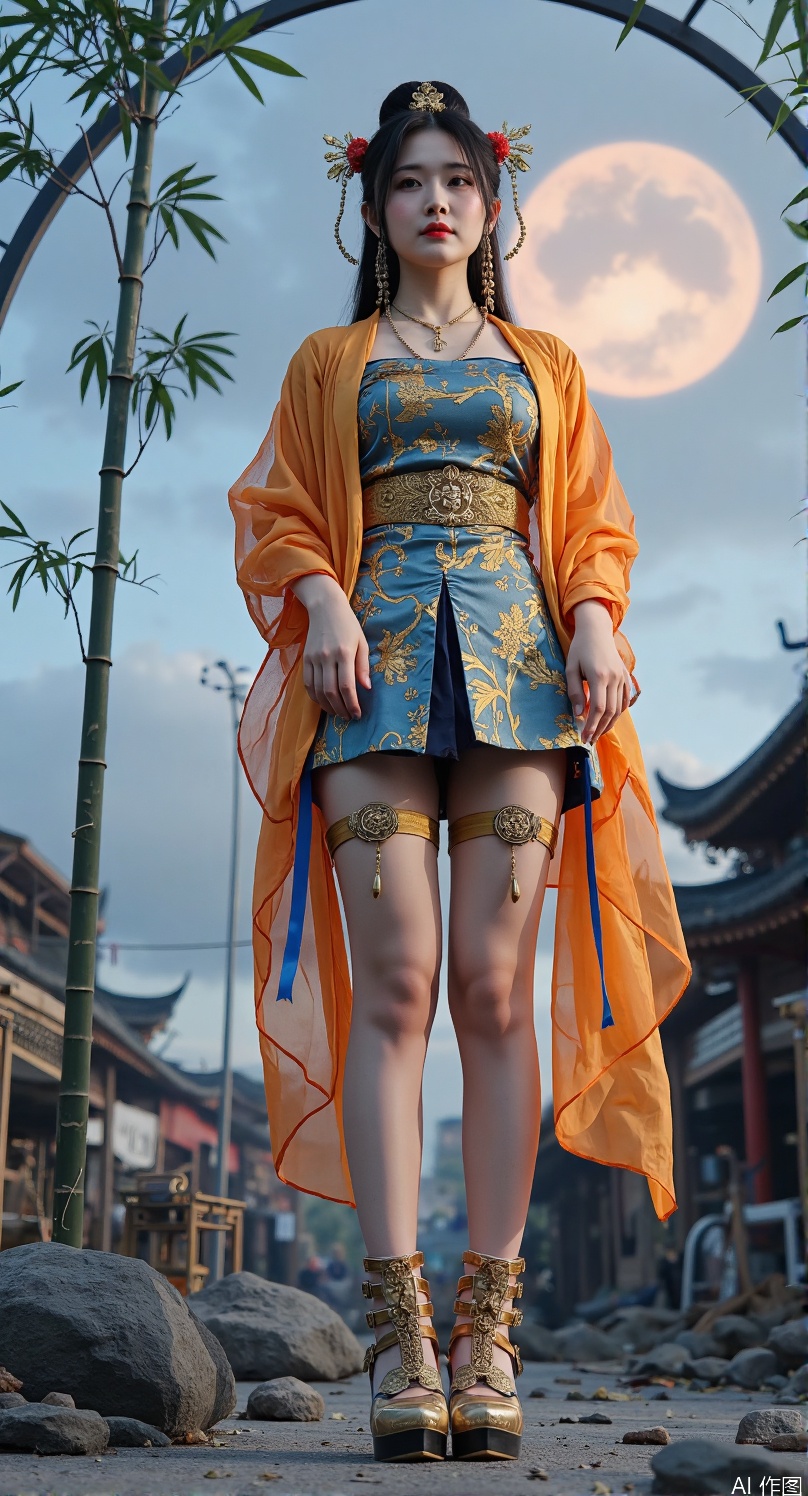 (thick-soled carbon fiber qiaotou shoes:1.6), 
(Tang dynasty upturned toe design:1.5), (Tang dynasty palace attire:1.6), 
brocade cross-collar jacket with peony embroidery, 
high-waisted pleated skirt (silk gauze layer:1.4), 
golden phoenix shawl pinned with jade cicada, 
silk sash tied in double-loop knot (flowing ribbons:1.3)
hydraulic pistons with golden circuit veins, 
neon silk ribbons floating in anti-gravity fields
(extreme worm's-eye view from 0.3m:1.6), (apocalyptic Tang sky:1.7) with 
colliding #BA55D3 plasma and #00BFFF lightning, 
fractal cloud algorithms generating 
(taiji auroras:1.4), 
celestial bodies warped by gravitational lensing

8mm fisheye lens with k1=0.45 distortion, 
collapsing Tang pagoda pillars as leading lines, 
foreground debris framing composition diagonally
(apocalyptic Tang sky:1.7) with 
colliding #BA55D3 plasma and #00BFFF lightning, 
fractal cloud algorithms generating 
(taiji auroras:1.4), 
celestial bodies warped by gravitational lensing
(quantum silk:1.5) with probability wave patterns, 
thermochromic glaze shifting from #008080 to #FF1493, 
nanobots forming peony embroidery clusters, 
holographic fenghuang projections around ankles
(silk thigh-high stockings:1.7) with 
(golden fenghuang garters:1.6) casting 
subsurface scattering glow, 
wind-torn hem revealing 
(bioluminescent skin:1.4) showing 
meridian system patterns
(bamboo storm:1.4) with motion blur trails, 
shattering porcelain debris frozen mid-air, 
(ink splatter dynamics:1.3) forming 
calligraphic explosion patterns
(silk thigh-high stockings:1.6) with 
(golden fenghuang garters:1.5) casting 
subsurface scattering glow, 
(wind-torn hem:1.3) revealing 
(bioluminescent skin:1.4) showing 
(meridian system patterns:1.2), 
(leg chain accessories:1.4) composed of:
1. (jade bi discs:1.3) engraved with cloud motifs
2. (bronze zodiac animal pendants:1.2) 
3. (silk tassels:1.1) dyed with indigo gradient
