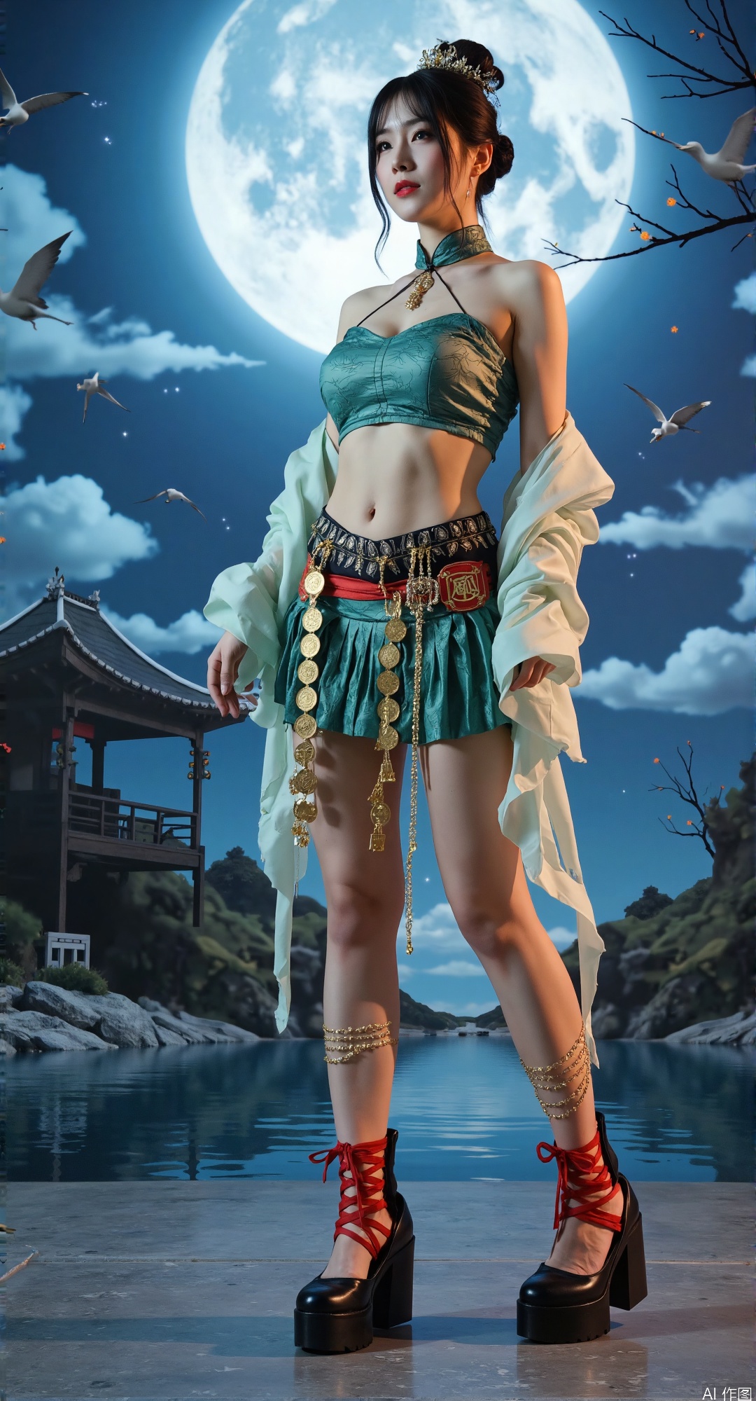 masterpiece, ultra-detailed,  
Dutch angle with perspective warp,  
reconstructed Ming flying-fish uniform with circuit embroidery,  
(kinetic coin fringe belt:1.5) with radiant coin pendants,  
black lacquer platforms with crimson silk lacing, wide stance,  
celadon crackle stockings with armored knee caps,  
spinning talisman anklets emitting gold particle trails,  
floating torn scroll fragments around ankles,  
dramatic backlight highlighting silk garter textures  
(surreal chinoiserie sky:1.5), 
colliding auroras in (暮山紫:1.4) and (库金:1.3), 
flying cranes dissolving into ink splatters, 
moonlight casting (blue porcelain reflections:1.2)
