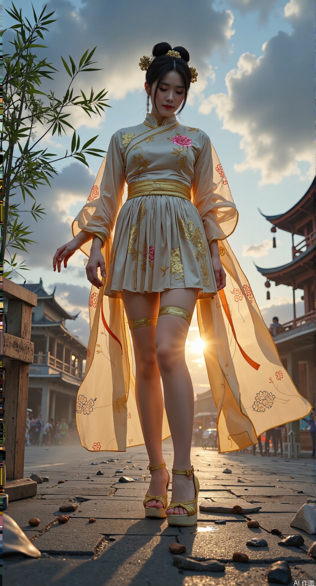 (thick-soled carbon fiber qiaotou shoes:1.6), 
(Tang dynasty upturned toe design:1.5), (Tang dynasty palace attire:1.6), 
brocade cross-collar jacket with peony embroidery, 
high-waisted pleated skirt (silk gauze layer:1.4), 
golden phoenix shawl pinned with jade cicada, 
silk sash tied in double-loop knot (flowing ribbons:1.3)
hydraulic pistons with golden circuit veins, 
neon silk ribbons floating in anti-gravity fields
(extreme worm's-eye view from 0.3m:1.6), (apocalyptic Tang sky:1.7) with 
colliding #BA55D3 plasma and #00BFFF lightning, 
fractal cloud algorithms generating 
(taiji auroras:1.4), 
celestial bodies warped by gravitational lensing

8mm fisheye lens with k1=0.45 distortion, 
collapsing Tang pagoda pillars as leading lines, 
foreground debris framing composition diagonally
(apocalyptic Tang sky:1.7) with 
colliding #BA55D3 plasma and #00BFFF lightning, 
fractal cloud algorithms generating 
(taiji auroras:1.4), 
celestial bodies warped by gravitational lensing
(quantum silk:1.5) with probability wave patterns, 
thermochromic glaze shifting from #008080 to #FF1493, 
nanobots forming peony embroidery clusters, 
holographic fenghuang projections around ankles
(silk thigh-high stockings:1.7) with 
(golden fenghuang garters:1.6) casting 
subsurface scattering glow, 
wind-torn hem revealing 
(bioluminescent skin:1.4) showing 
meridian system patterns
(bamboo storm:1.4) with motion blur trails, 
shattering porcelain debris frozen mid-air, 
(ink splatter dynamics:1.3) forming 
calligraphic explosion patterns