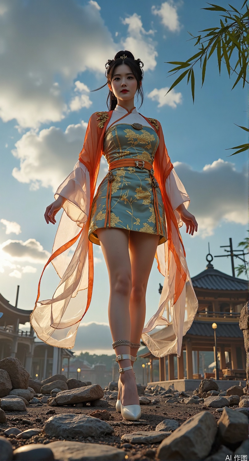 (thick-soled carbon fiber qiaotou shoes:1.6), 
(Tang dynasty upturned toe design:1.5), (Tang dynasty palace attire:1.6), 
brocade cross-collar jacket with peony embroidery, 
high-waisted pleated skirt (silk gauze layer:1.4), 
golden phoenix shawl pinned with jade cicada, 
silk sash tied in double-loop knot (flowing ribbons:1.3)
hydraulic pistons with golden circuit veins, 
neon silk ribbons floating in anti-gravity fields
(extreme worm's-eye view from 0.3m:1.6), (apocalyptic Tang sky:1.7) with 
colliding #BA55D3 plasma and #00BFFF lightning, 
fractal cloud algorithms generating 
(taiji auroras:1.4), 
celestial bodies warped by gravitational lensing

8mm fisheye lens with k1=0.45 distortion, 
collapsing Tang pagoda pillars as leading lines, 
foreground debris framing composition diagonally
(apocalyptic Tang sky:1.7) with 
colliding #BA55D3 plasma and #00BFFF lightning, 
fractal cloud algorithms generating 
(taiji auroras:1.4), 
celestial bodies warped by gravitational lensing
(quantum silk:1.5) with probability wave patterns, 
thermochromic glaze shifting from #008080 to #FF1493, 
nanobots forming peony embroidery clusters, 
holographic fenghuang projections around ankles
(silk thigh-high stockings:1.7) with 
(golden fenghuang garters:1.6) casting 
subsurface scattering glow, 
wind-torn hem revealing 
(bioluminescent skin:1.4) showing 
meridian system patterns
(bamboo storm:1.4) with motion blur trails, 
shattering porcelain debris frozen mid-air, 
(ink splatter dynamics:1.3) forming 
calligraphic explosion patterns
(silk thigh-high stockings:1.6) with 
(golden fenghuang garters:1.5) casting 
subsurface scattering glow, 
(wind-torn hem:1.3) revealing 
(bioluminescent skin:1.4) showing 
(meridian system patterns:1.2), 
(leg chain accessories:1.4) composed of:
1. (jade bi discs:1.3) engraved with cloud motifs
2. (bronze zodiac animal pendants:1.2) 
3. (silk tassels:1.1) dyed with indigo gradient