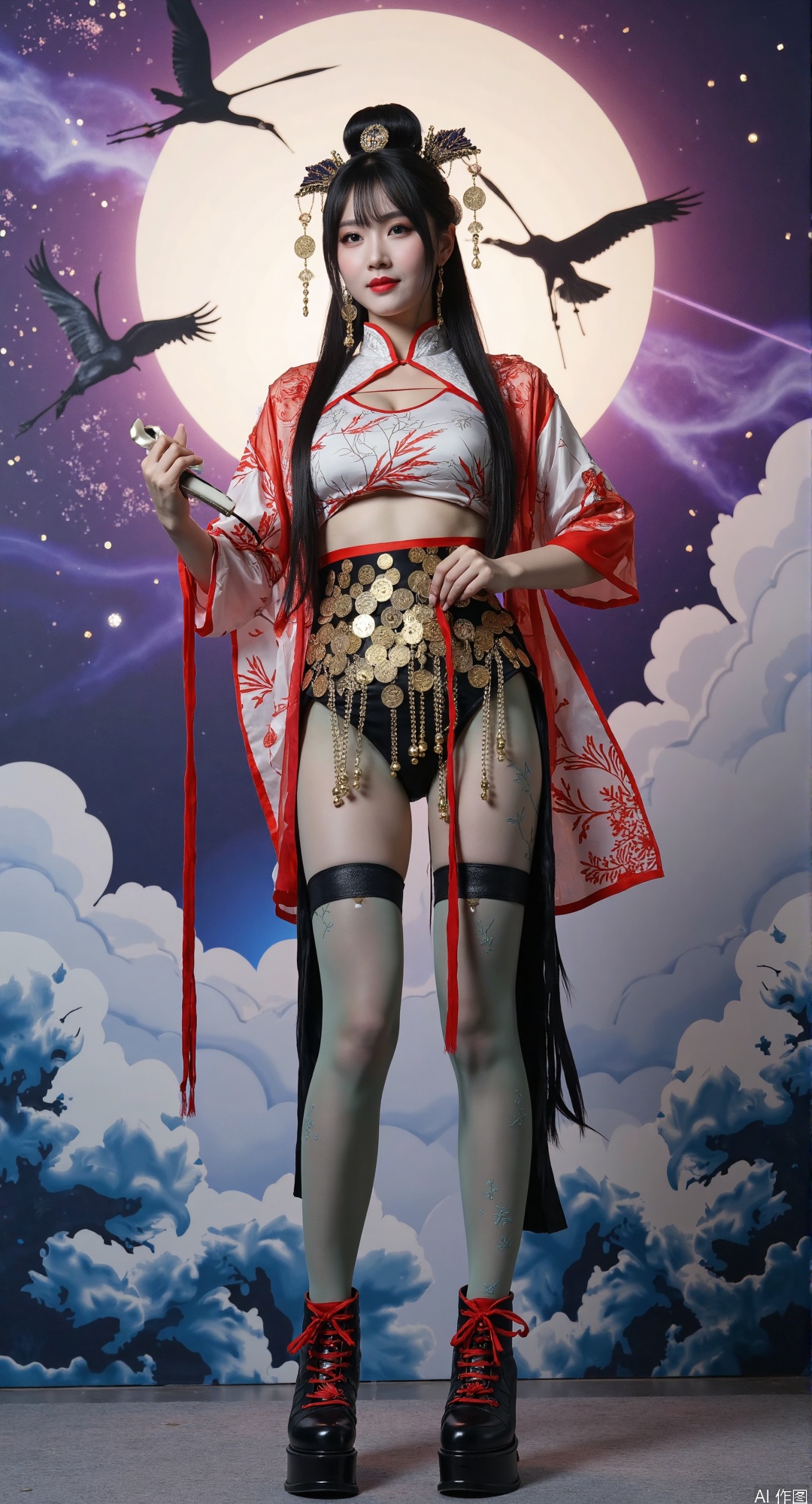 masterpiece, ultra-detailed,  
Dutch angle with perspective warp,  
reconstructed Ming flying-fish uniform with circuit embroidery,  
(kinetic coin fringe belt:1.5) with radiant coin pendants,  
black lacquer platforms with crimson silk lacing, wide stance,  
celadon crackle stockings with armored knee caps,  
spinning talisman anklets emitting gold particle trails,  
floating torn scroll fragments around ankles,  
dramatic backlight highlighting silk garter textures  
(surreal chinoiserie sky:1.5), 
colliding auroras in (purple:1.4) and (gold:1.3), 
flying cranes dissolving into ink splatters, 
moonlight casting (blue porcelain reflections:1.2)
