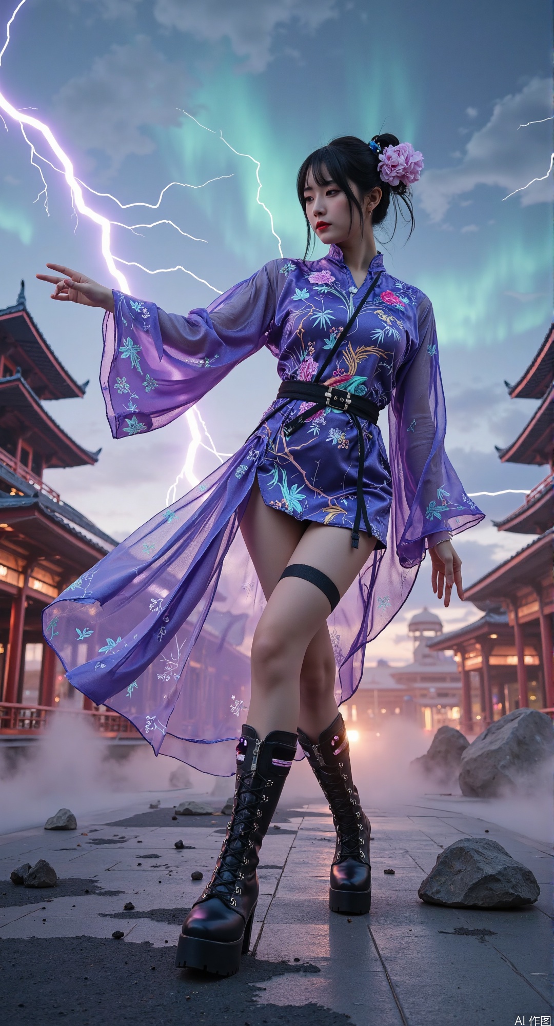 (thick-soled carbon fiber boots:1.5)  
(Tang dynasty upturned toe design:1.4)  
(forward-thrust stomping pose:1.5)  
(hyper-extended leg perspective:1.5)  

18-year-old girl in (cyber-Tang fusion attire:1.4)  
(modified cross-collar robe:1.3) rippling with  
(peony biomechanical circuits:1.5)  
(wind-torn sleeves:1.3) revealing (hydraulic joints:1.4)  

(amethyst plasma trails:1.3) along (extended leg:1.4)  
(electric cyan lightning:1.3) grounding through (heel strike:1.5)  
(apocalyptic Tang sky:1.4) with (quantum yin-yang auroras:1.5)  

(collapsing pagoda pillars:1.3) radiating from (impact point:1.5)  
(ultra-wide fisheye distortion:1.4) from 0.2m perspective  
(shattered porcelain debris:1.3) in (shockwave patterns:1.4)  

(thermochromic silk:1.4) shifting teal to fuchsia  
(nanobot peony clusters:1.3) along (stress lines:1.4)  
(holographic phoenix wings:1.5) enveloping legs  

(silk thigh-high stockings:1.3) with (prismatic garters:1.4)  
(bioluminescent meridians:1.5) converging on foot  
(bamboo storm deflection:1.3) by (kinetic shockwave:1.5)  